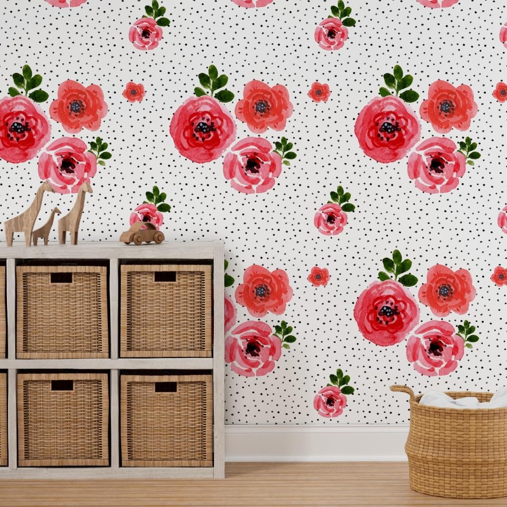 Peel & Stick Wallpaper 3ft x 2ft - Roses Shibori Black Polka Dots Pink White Flowers Floral Custom Removable Wallpaper by Spoonflower