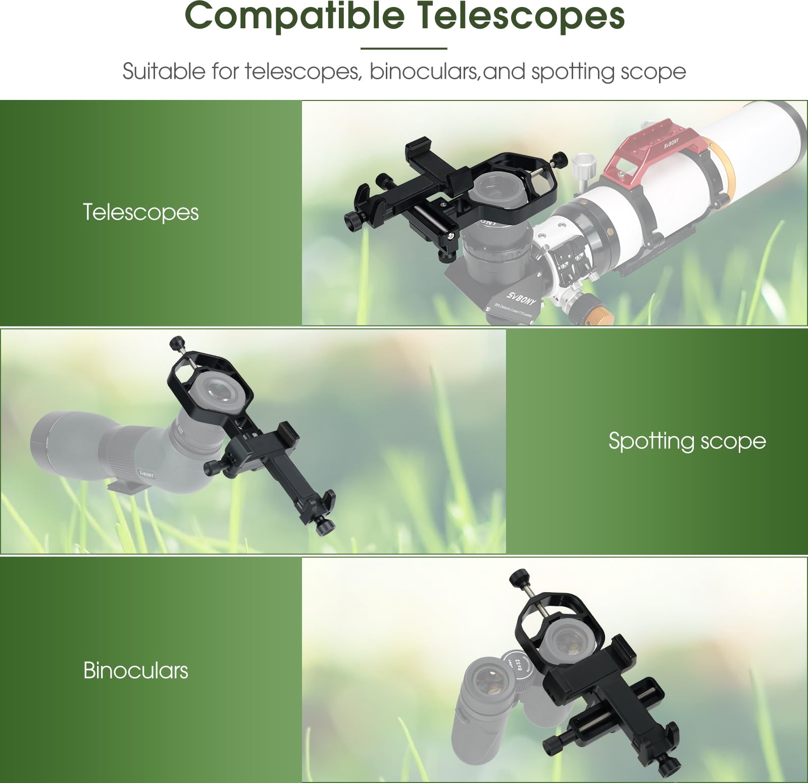 Svbony SV214Pro Universal Telefon Adapter, 3-Achse Handy Teleskop Adapter, Vollmetall Zubehör (44-64mm)