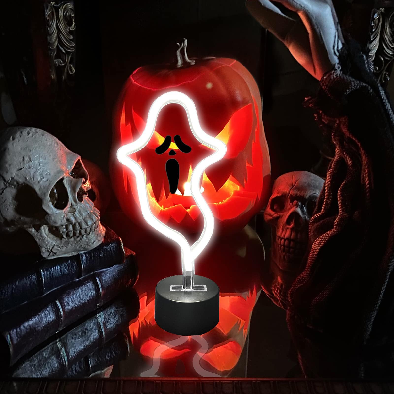 Halloween Ghost Neon Sign, Halloween Decoration LED Ghost Neon Light Sign with Base, Ghost Shape Lamp with Battery or USB Powered for Halloween Part Bar Room Décor