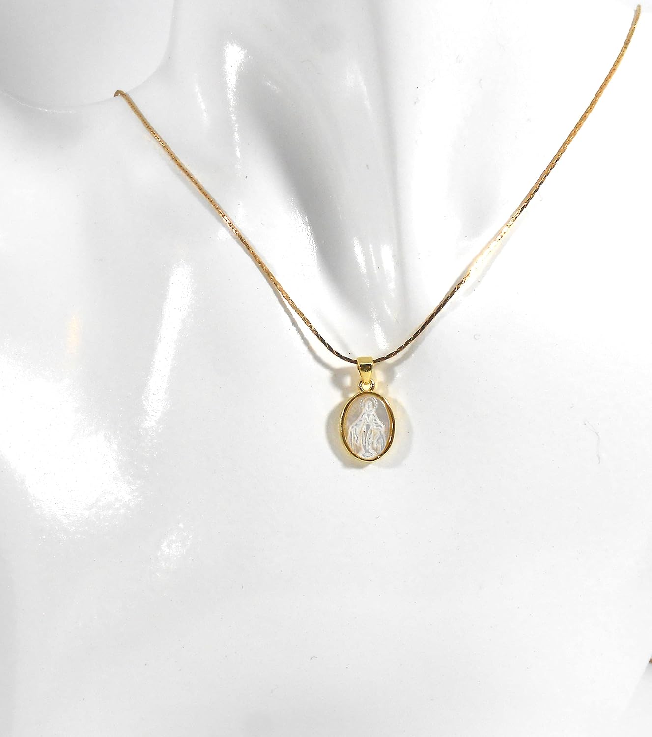 Minimalist Tiny 14K Yellow Gold Natural Mother of Pearl Base Cultivated, Grown in pools Miraculous Mary Medal Necklace Pure Plated Communion confirmation Religious Gift 18" / 0.4"x 0.6" - Image 2