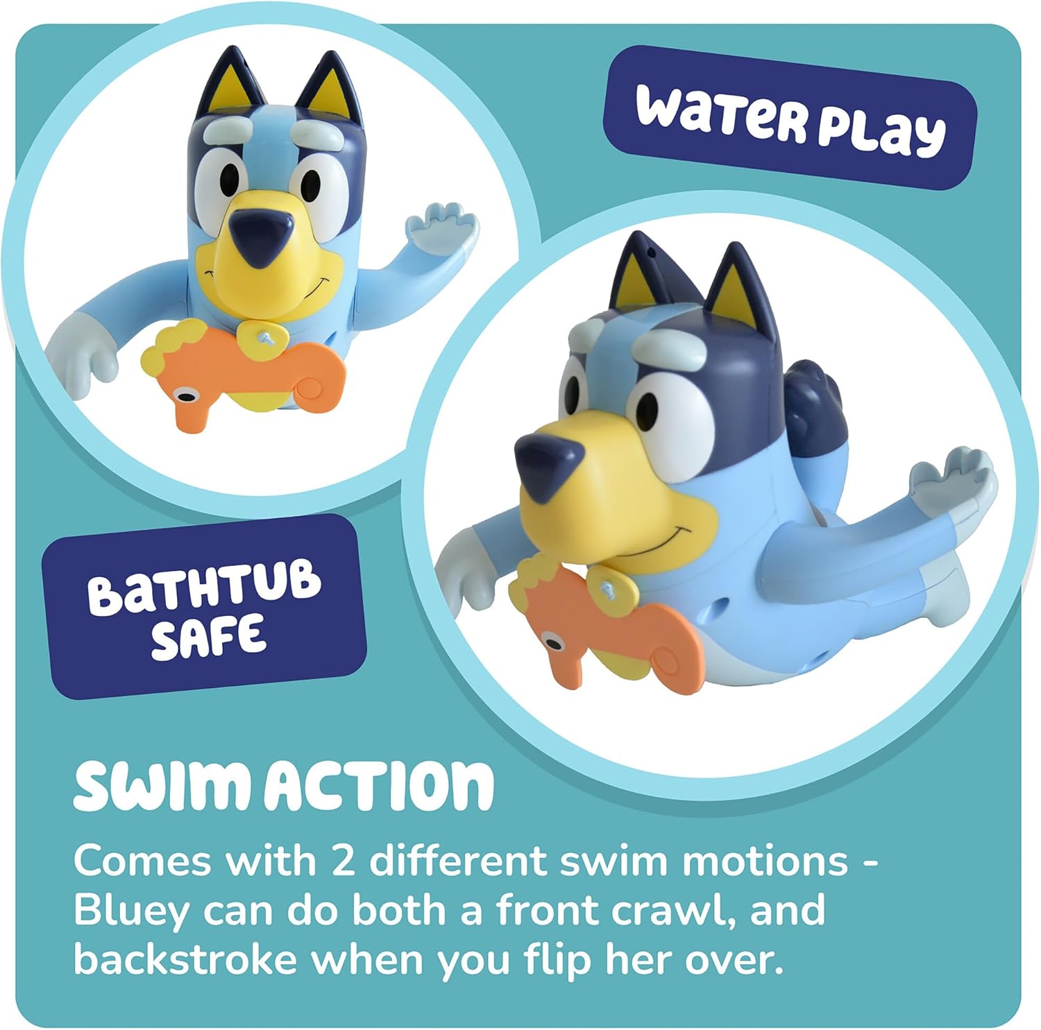 TOMY Toomies Swimming Bluey Bath Toy with Seahorse - Bluey Toys for Toddlers - Toddler Water Toys for Tub or Pool That Swims on Back or Front - Ages 18 Months and Up