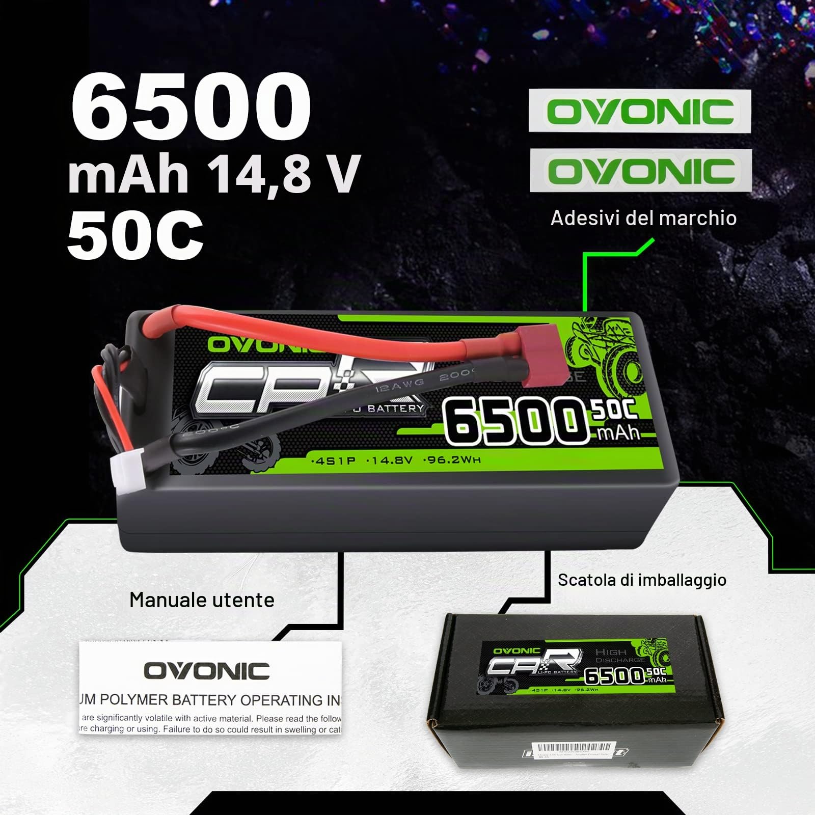 OVONIC Batteria Lipo 4S 6500mAh 50C 14.8V LiPo per RC Aereo RC Elicottero RC Auto RC Barca Hobby