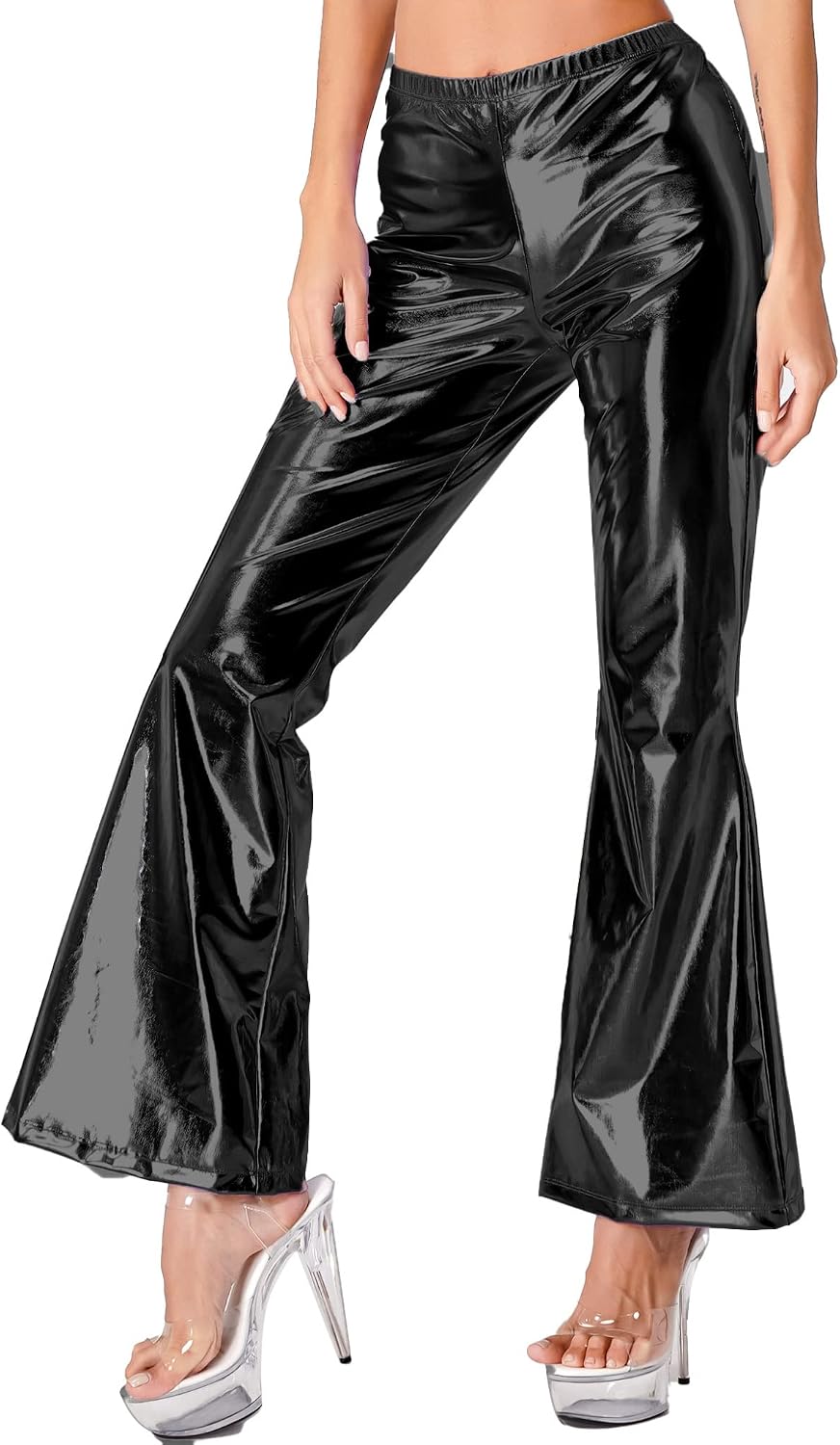 Hularka Women's Shiny Club Flared Pants Elastic Waistband Holographic 70s Disco Bell Bottom Pants