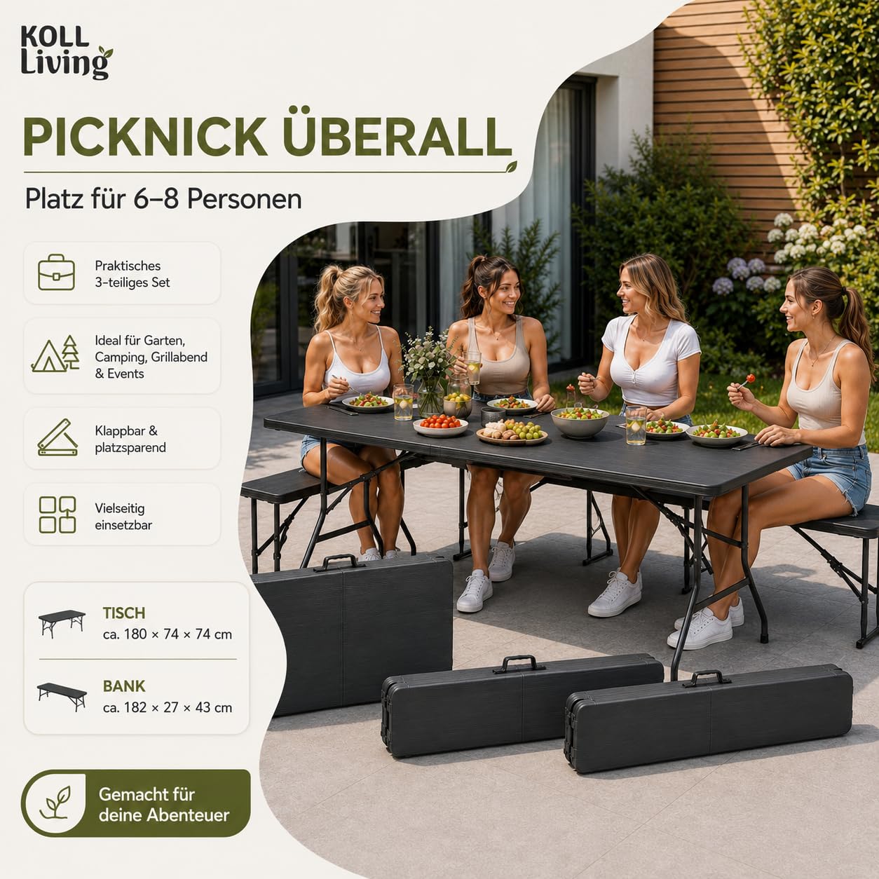 Koll Living Bierzeltgarnitur Nomad – 3-teiliges Bierbank Set klappbar | Biertisch, 2X Bank | aus Kunststoff | UV- und witterungesbeständig