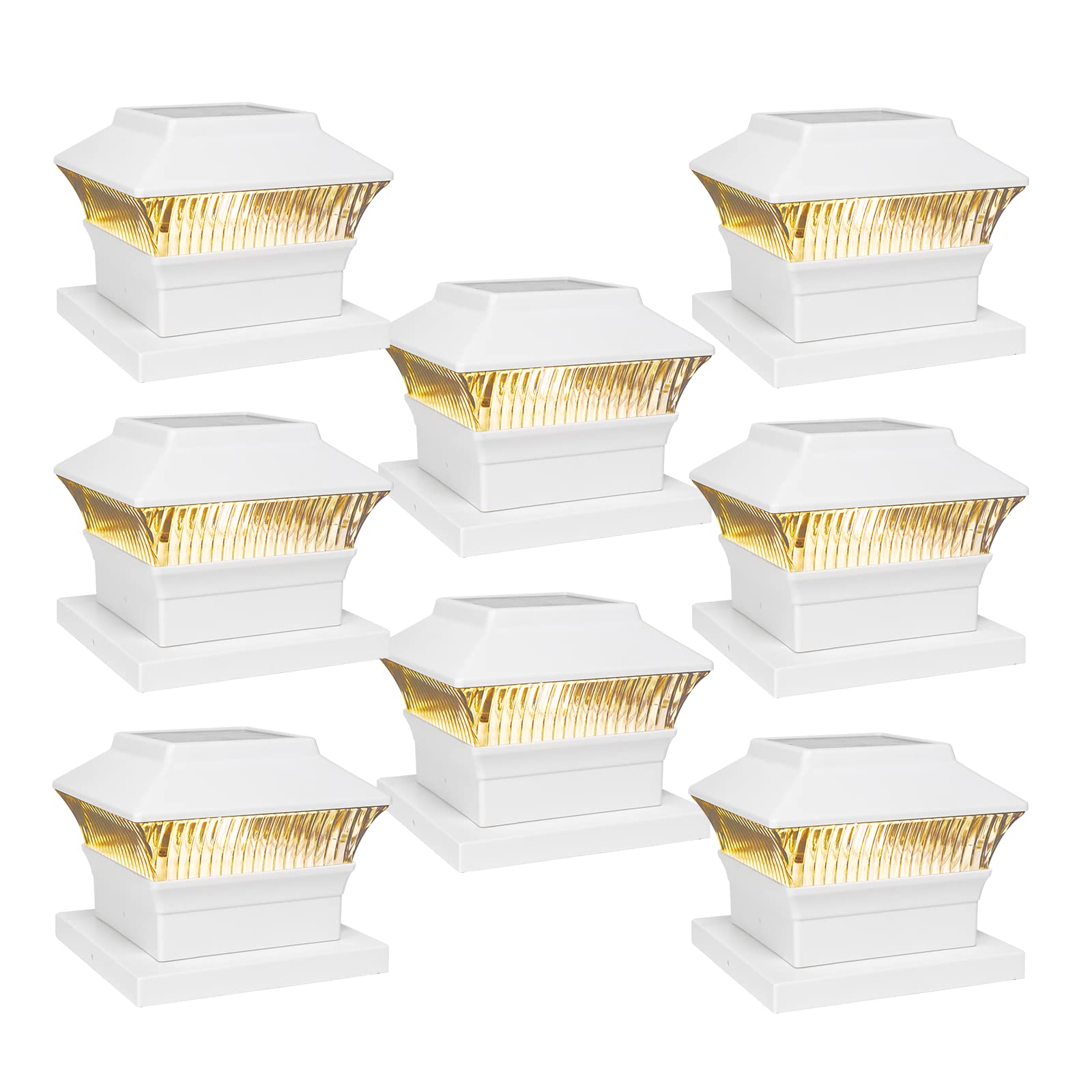25 Lumen Solar Post Cap Lights fit True 4"x4" & 5.5"x5.5" Post, High Brightness Filament LED, 3000K Warm White, Solar Powered Fence Deck Post Cap Lamp, Waterproof, White, 8 PK