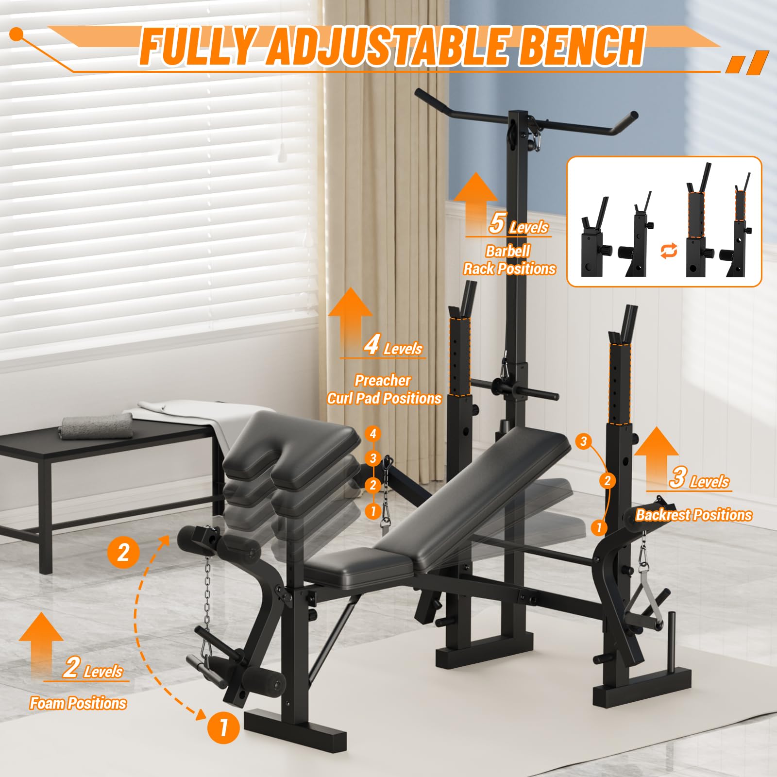 6-In-1 Foldable Weight Bench with Leg Extension & Preacher Curl, Adjustable Bench Press Station for Home Gym, 600LB Capacity, Compact Strength Training Bench for Dumbbell & Barbell Workouts
