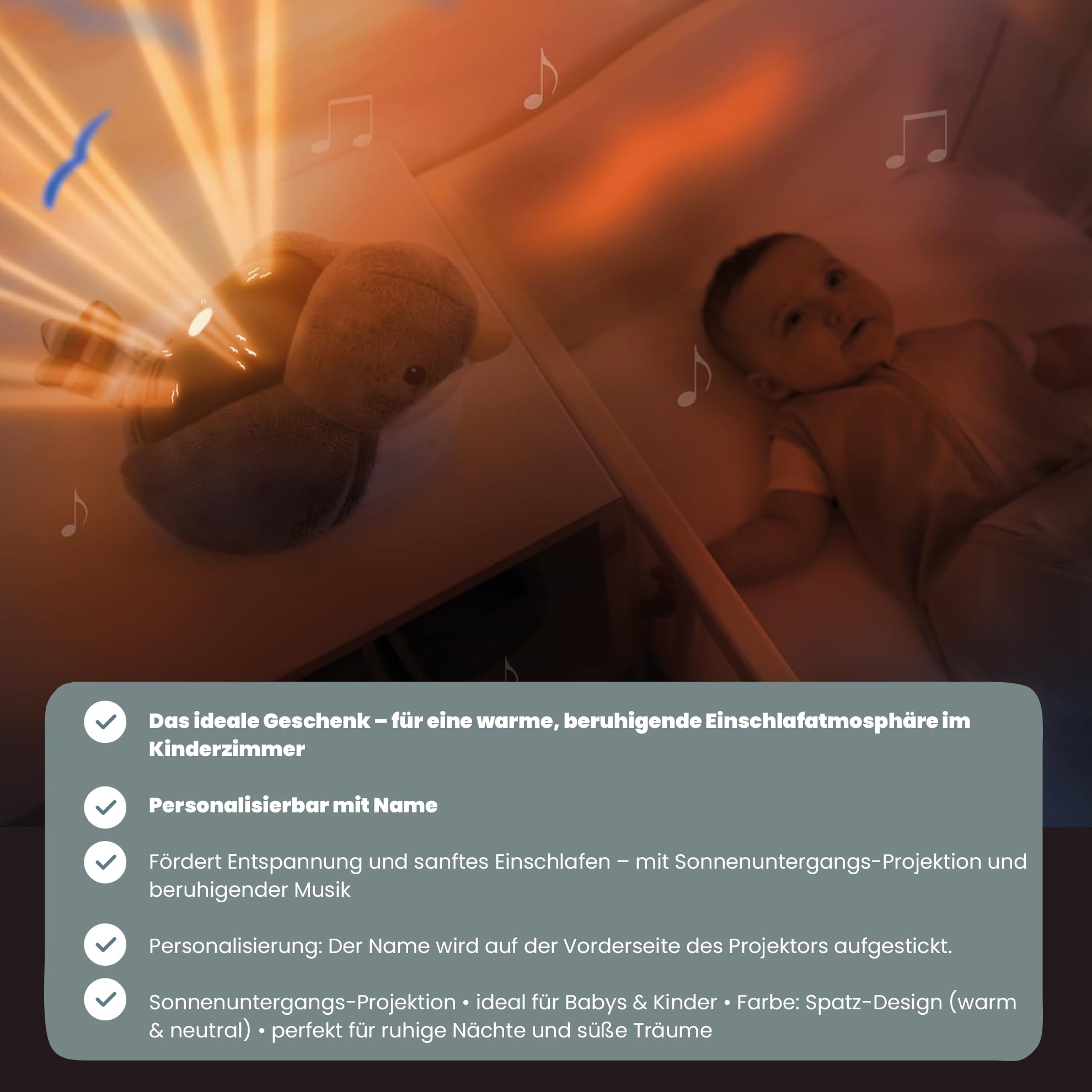 Personalisierbarer Sternenhimmel Projektor Shally der Spatz – mit Sonnenuntergangs-Projektion & beruhigender Musik – Personalisierte Geschenke Baby – Nachtlicht Kinder – ZAZU