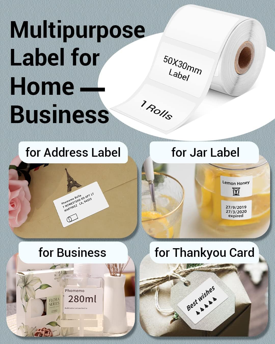 Phomemo M110 Thermal Label Printer with 1 Roll 1.97"x1.18"(50x30mm) Squere Labels, Barcode Label Maker for Snamll Business, Logo, Address, Clothing, Portabel Sticker Printer with 300+ templates, Pink