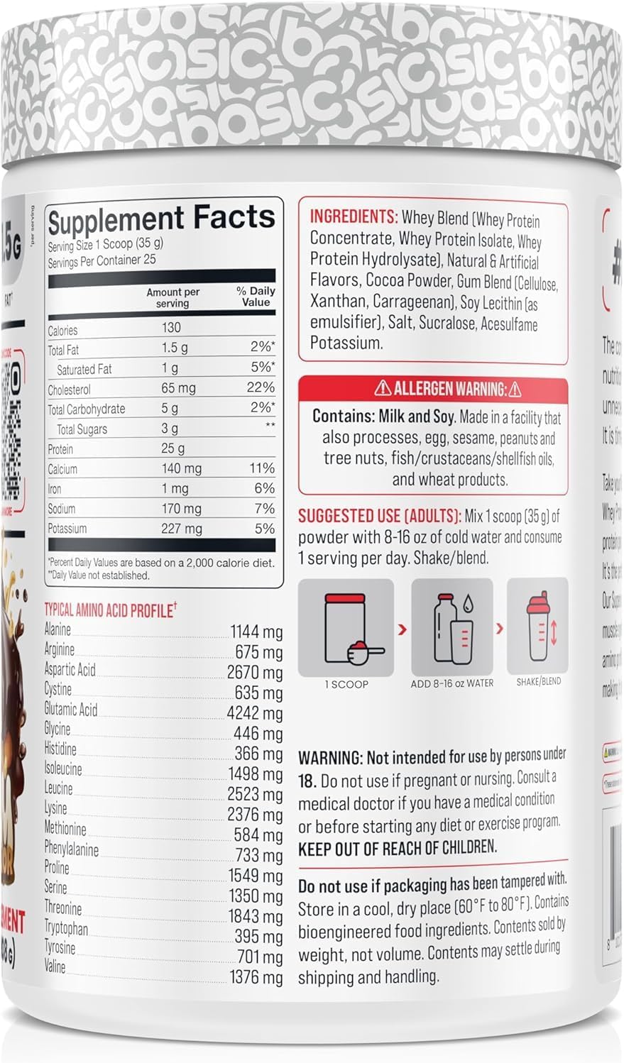 BASIC SUPPLEMENTS Whey Protein Powder, 25g Protein, Complete Amino Acid Profile, Gluten-Free, Low Fat, RBST-Free, Supports Muscle Recovery & Antibody Health