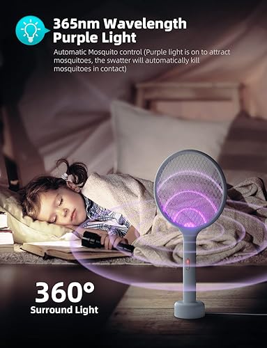 Miniatura 7 de YISSVIC Matamoscas eléctrico de 4000 V, raqueta matamoscas de insectos de doble modo con luz de mosquitos morada recargable para interiores y