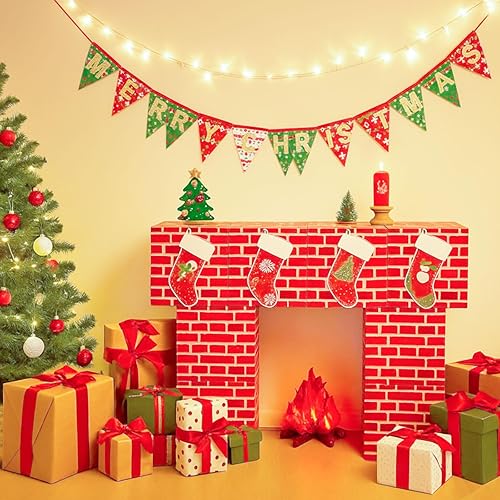 Miniatura 5 de Juego de 13 cajas de cartón de Navidad para decoración de chimenea, juego de cajas de cartón de ladrillo rojo artificial 3D, chimenea, fogata falsa,