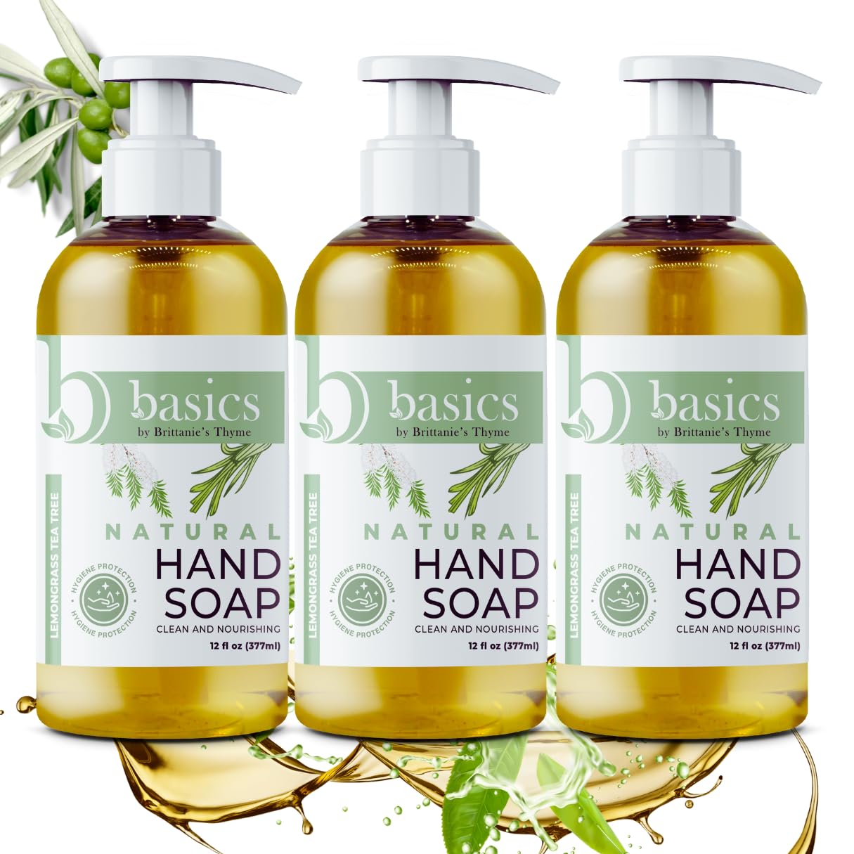 Brittanie's Thyme Basics Natural Olive Oil Hand Soap, Lemongrass Tea Tree - 12 fl oz, Pack of 3 - Cruelty Free, Vegan, No Synthetic Additives, No