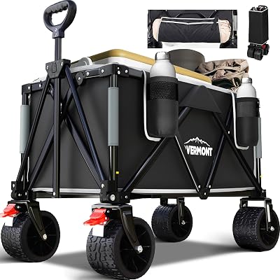 Overmont 150kg Festival Camping Trolley on Wheels – Heavy Duty Folding Wagon Cart with Detachable All-Terrain Wheels, Brake, Adjustable Handle, Portable for Outdoor, Beach, Garden & Shopping – Black
