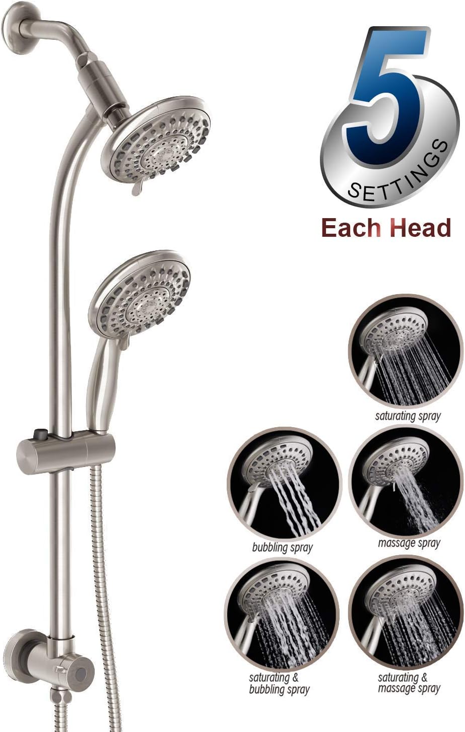 Egretshower Handheld Showerhead & Rain Shower Combo for Easy Reach , 27.5" Drill-free Stainless Steel Slide Bar, 5”of 5-setting Handheld Shower and Showerhead, with 5ft Hose -Brush Nickel - - 
