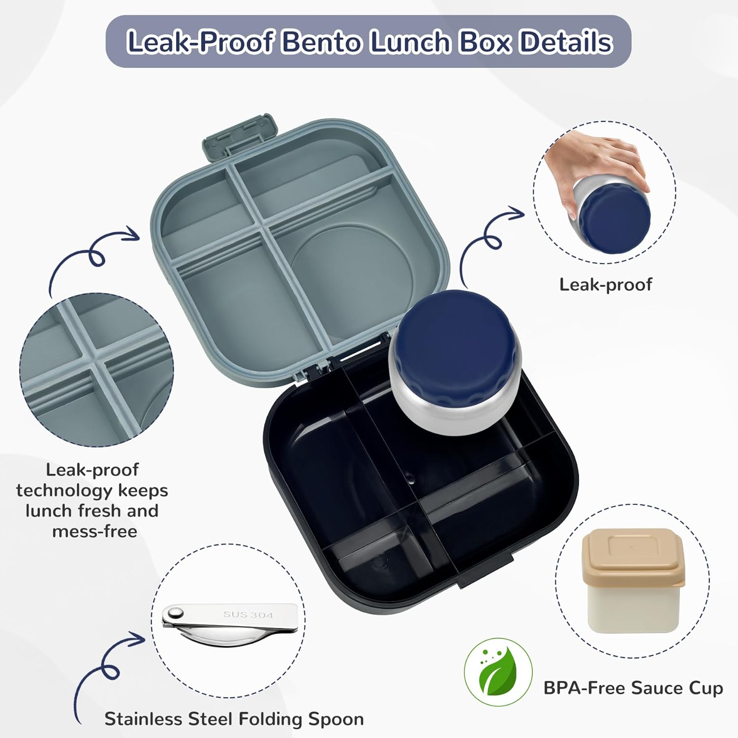 Bento Lunch Box for Kids with 12oz Soup Thermo,4 Compartments Lunch Box Containers Kids, Includes Foldable Spoon &Sauce Jar, BPA Free&Leak proof,Insulated Food Jar for Travel,School (Black) - Image 6