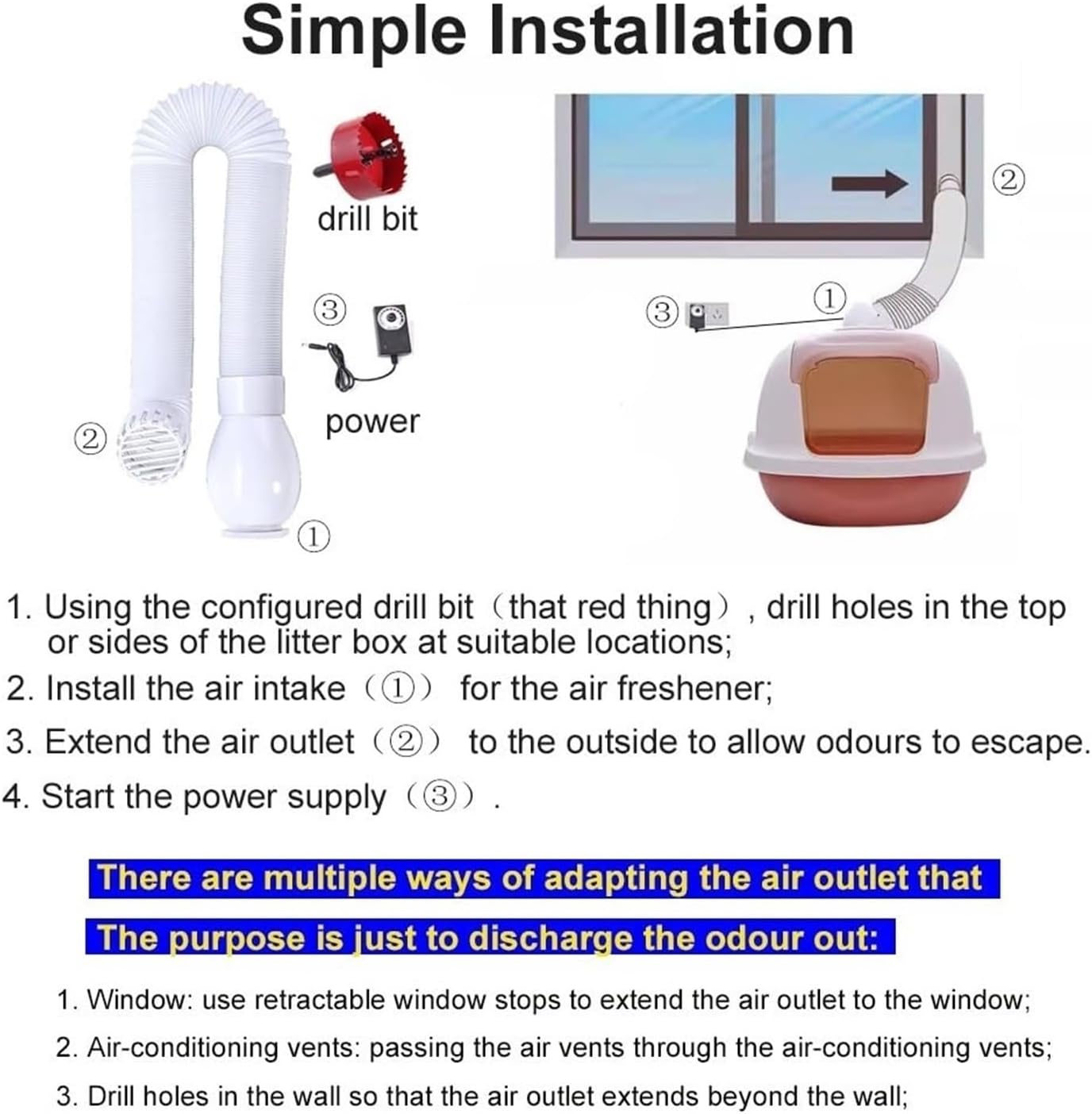 Automatic Cat Litter Box Adjustable Window Baffle，Fresh Air Exhaust Deodorization, for Cat Litter Box Air Purifier Air Filters and Indoor Movable Air Conditioning Ventilation Pipe(Large)