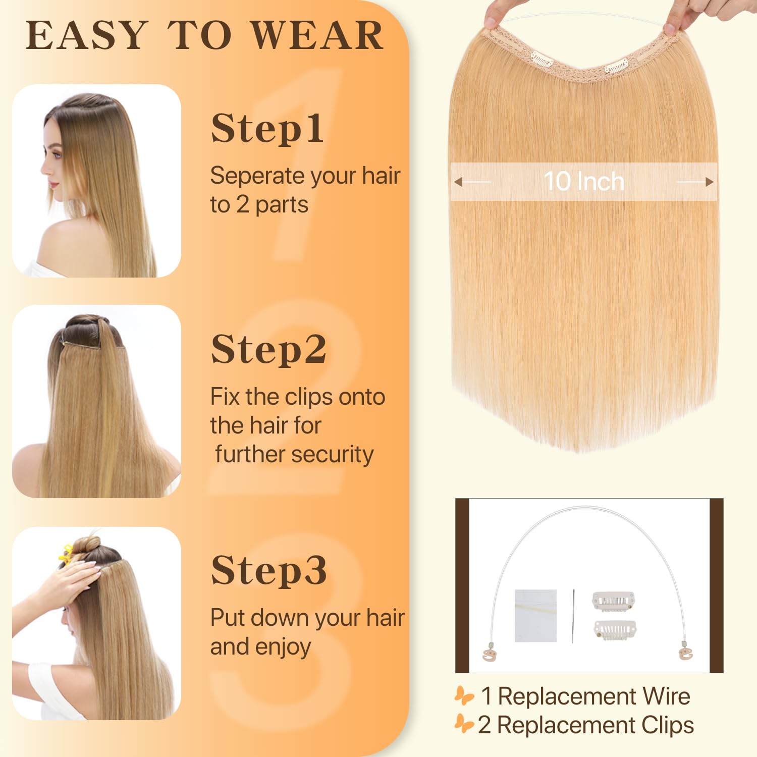 TESS Halo & Clip in Hair Extension 100% Real Human Hair Wig One Piece Adjustable Invisible Transparent Wire with 2 Secure Clips for Women UK #24 Natural Blonde 16 inch 65g - Image 4