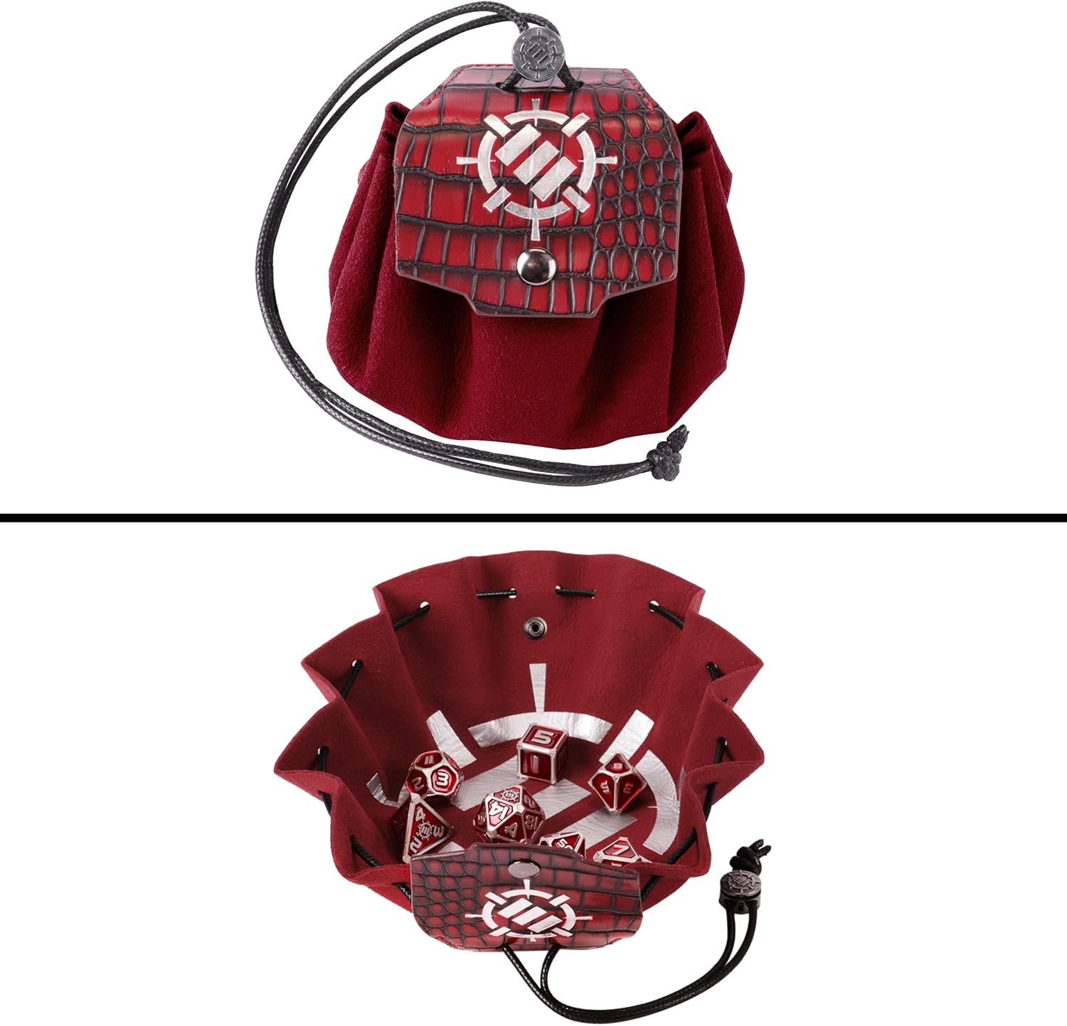 ENHANCE DND Metal Dice Set - 7pc Polyhedral Dice with 2-in-1 Vegan Leather Bag and Tray, Solid Metal Set for Dungeons and Dragons, Pathfinder, More RPGs (Collector's Edition Red)