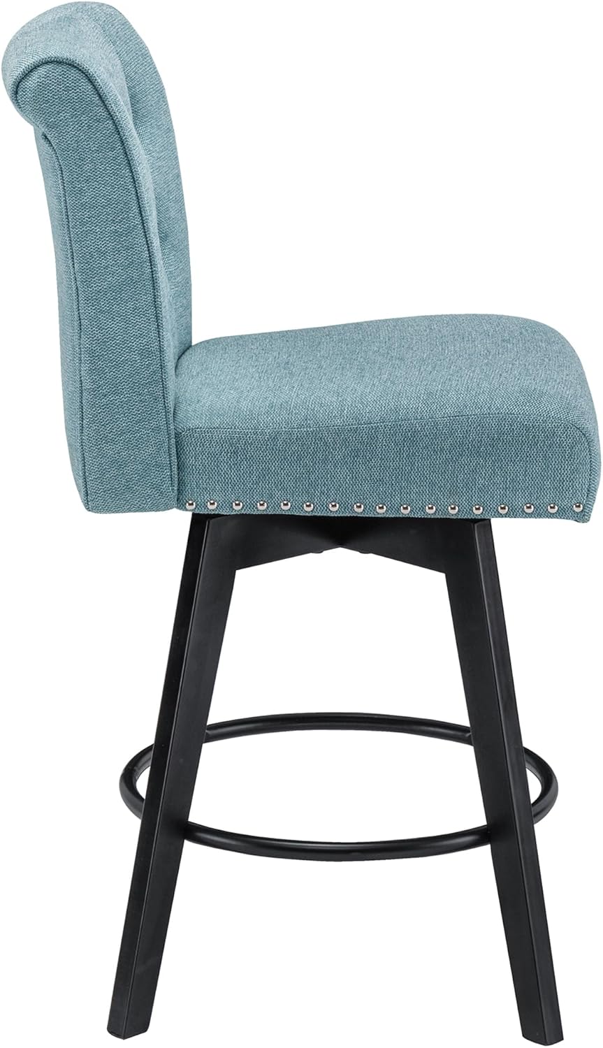 Counter Height Bar Stools Set of 2, 360° Swivel Bar Stools with Button Tufted, 26 Inch Upholstered Barstools with Solid Wood Legs for Kitchen Island, Performance Fabric in Teal
