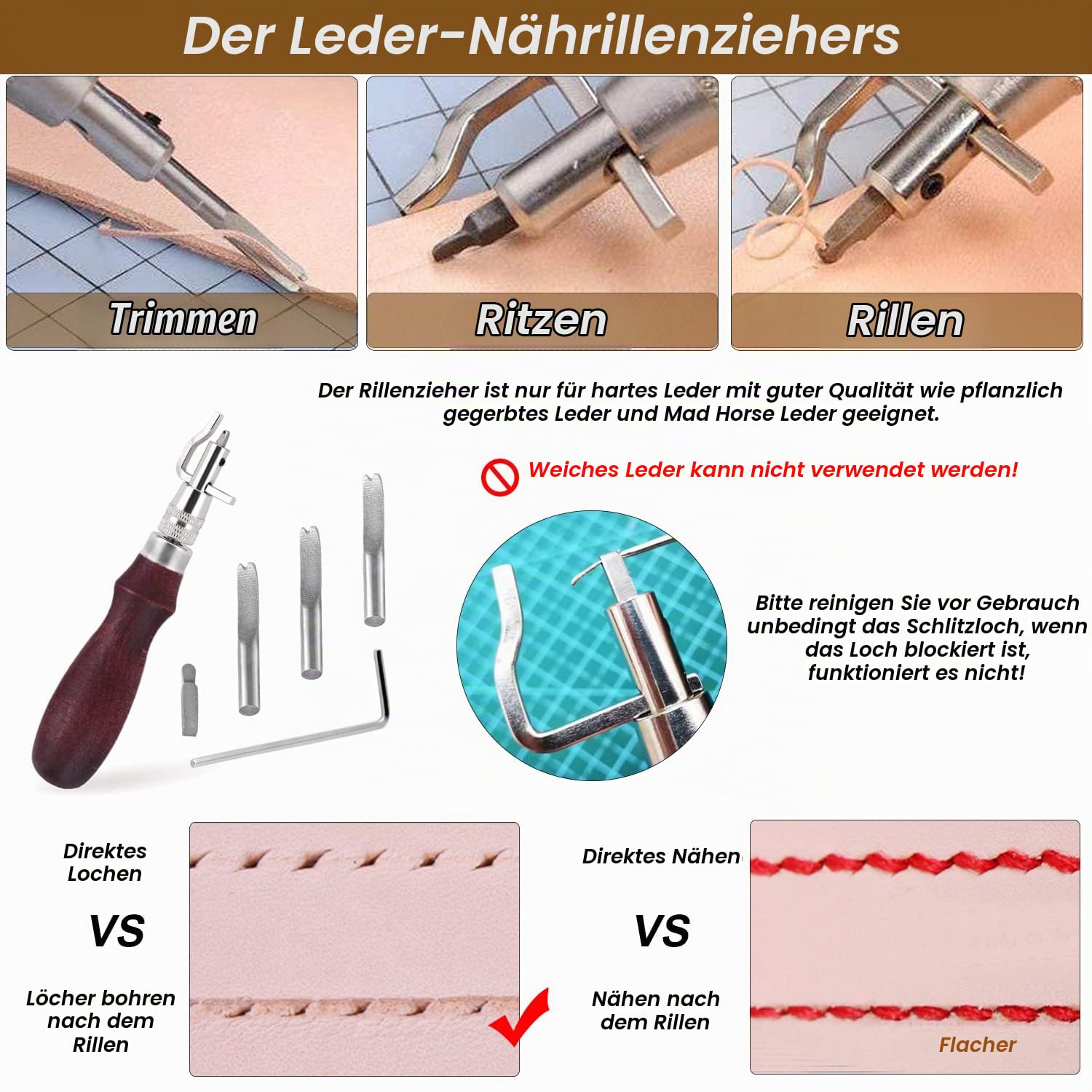 Leder Werkzeuge Set für Leder DIY Bearbeitung Handwerk mit Hammer, Nadeln, Schneidemesser und Faden Prong Punch