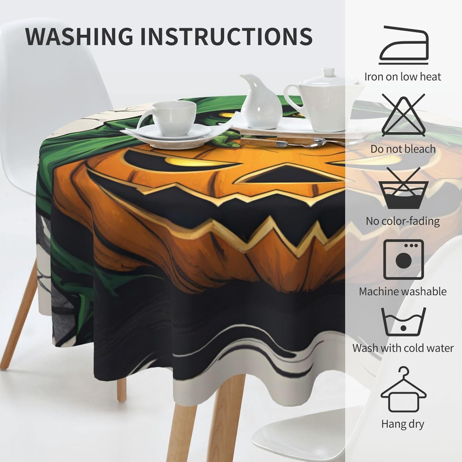 Green Ghost Horror Halloween Pumpkin 1 Print Wrinkle Free Dining Table Cover for Birthday Party Farmhouse Tablecloths Up to 60 x 60 Inches