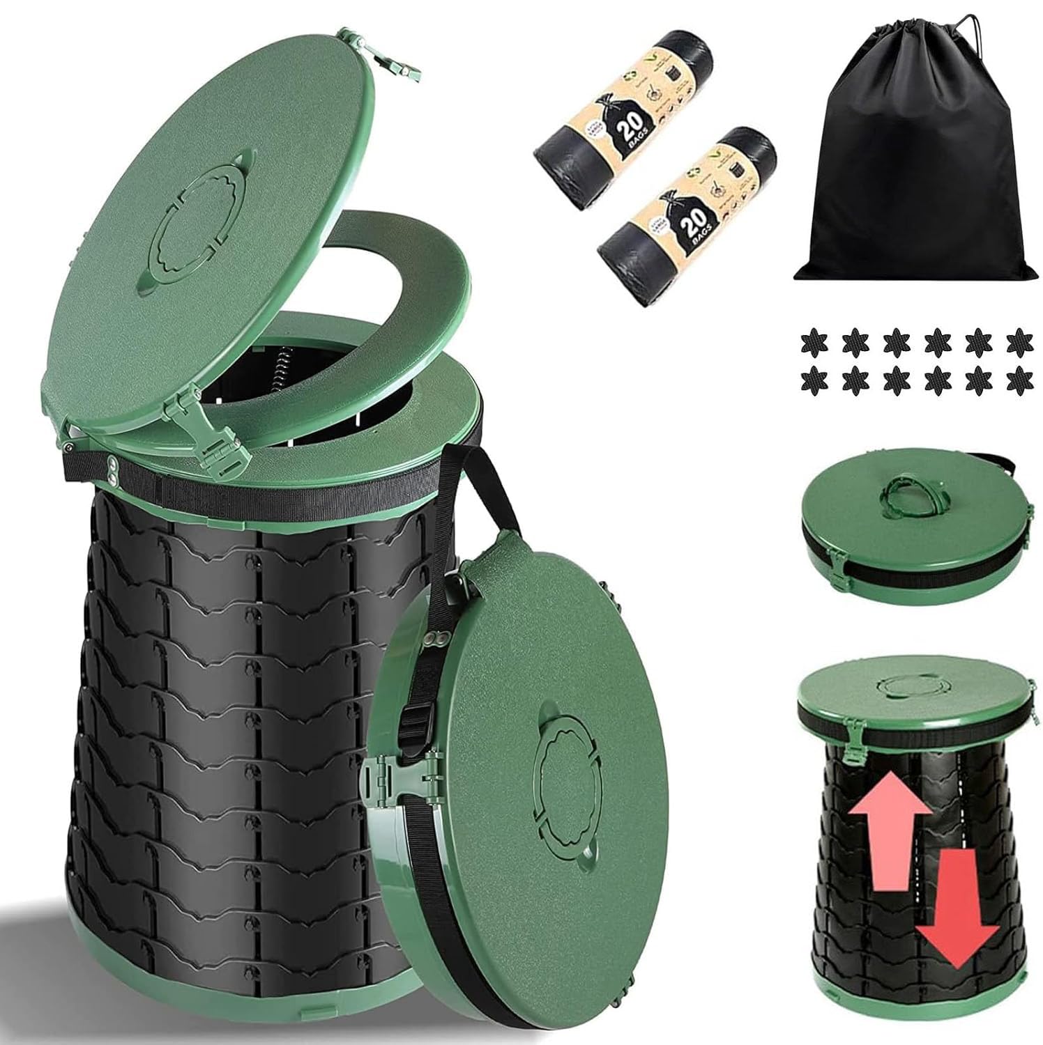 Campingtoilette Faltbar | Trockentoilette Maximalbelastung 300 Kg | Kompakt Mobile Toilet Φ 38 cm | Camping WC Höhe 8 bis 50 cm | Campingklo Blackout Festivals Garten Reisetoilette