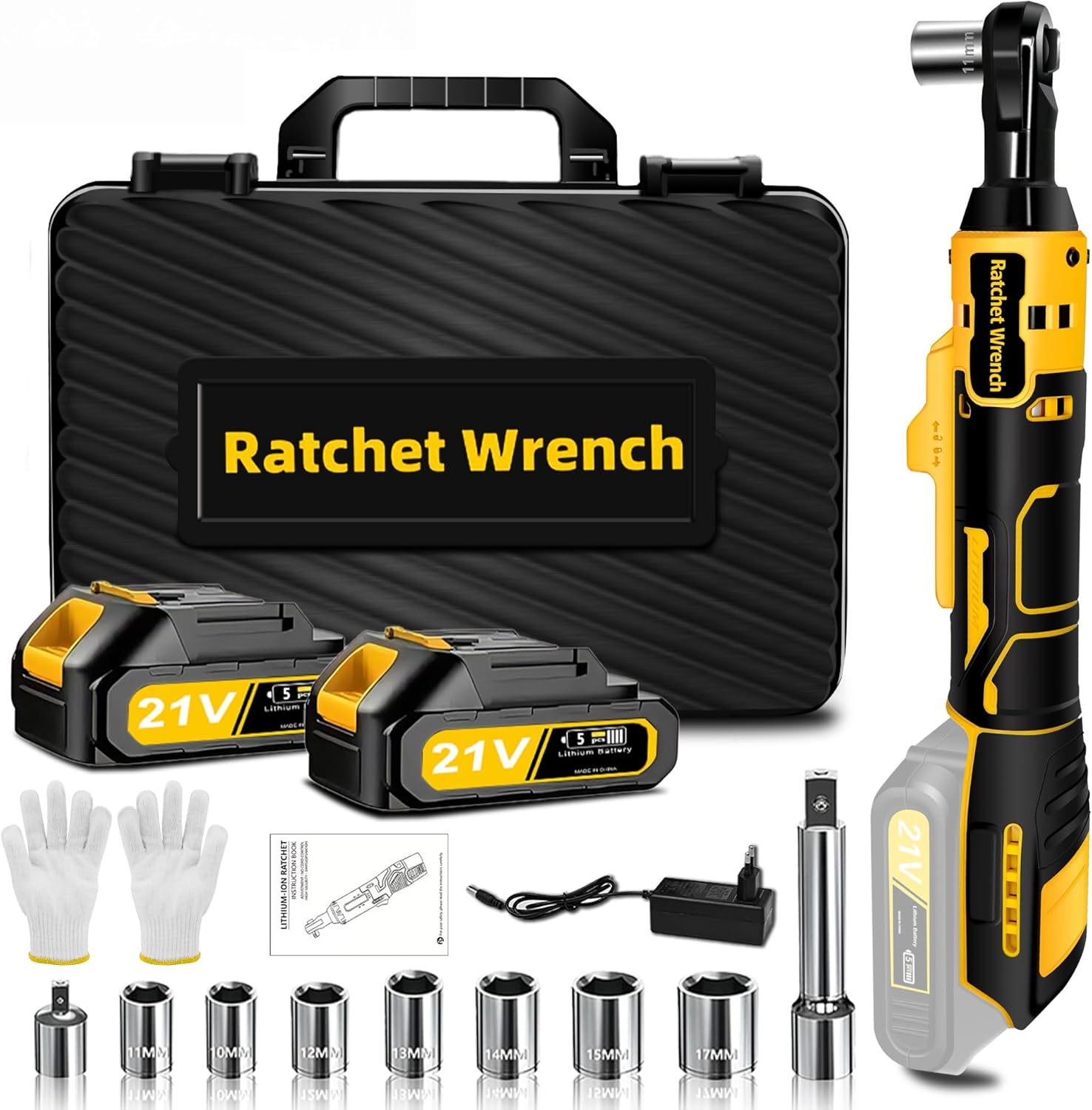 3/8" Cordless Electric Ratchet, Universal Wrench, 2*2000mAh Battery, 9 Sockets & Case Included, 1/4 Adapter 3 Extension Bar, LED Lights, Variable Speed Trigger for Easy Fasten & Loosen, Home User