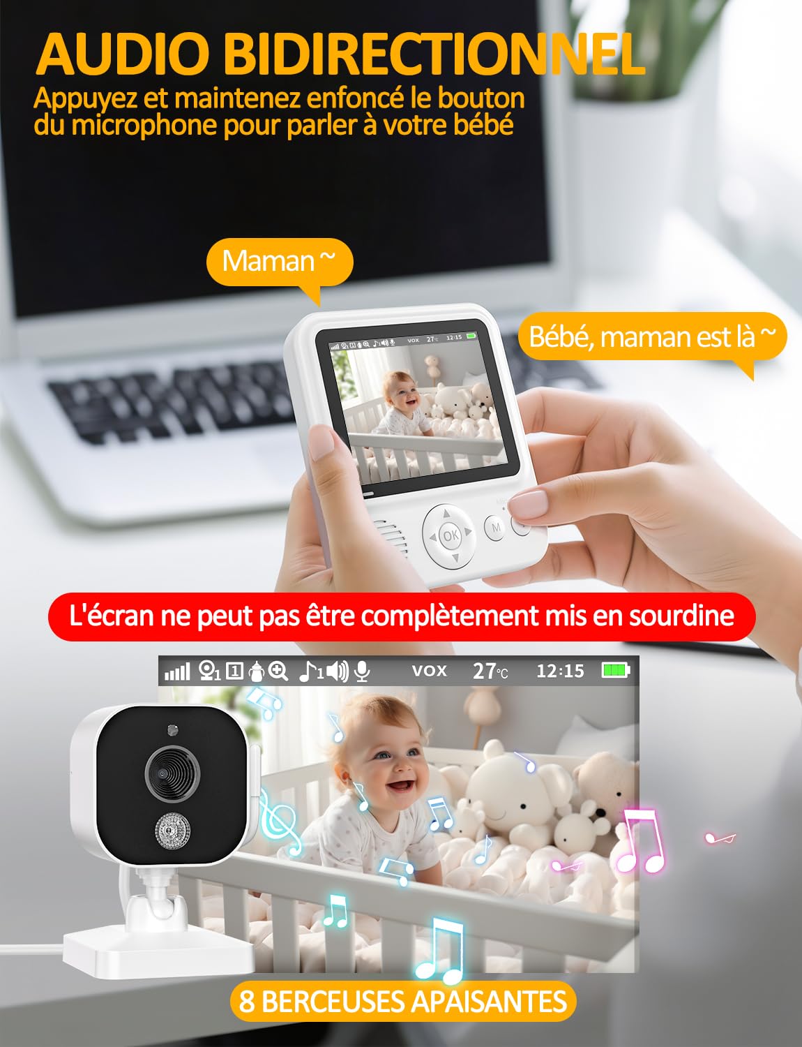 OBVHNUA Babyphone Camera 2,8 Pouces Caméra Bebe 720P IPS LCD Baby Phone Vidéo 2000mAh USB-C Moniteur avec 2-4X Zoom VOX Vision Nocturne Communication Bidirectionnelle Capteur de Température Berceuses