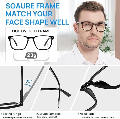 Miniatura 5 de Blue Light Blocking Reading Glasses Men Large Square Readers 1.0 1.25 1.5 1.75 2.0 to 6.0