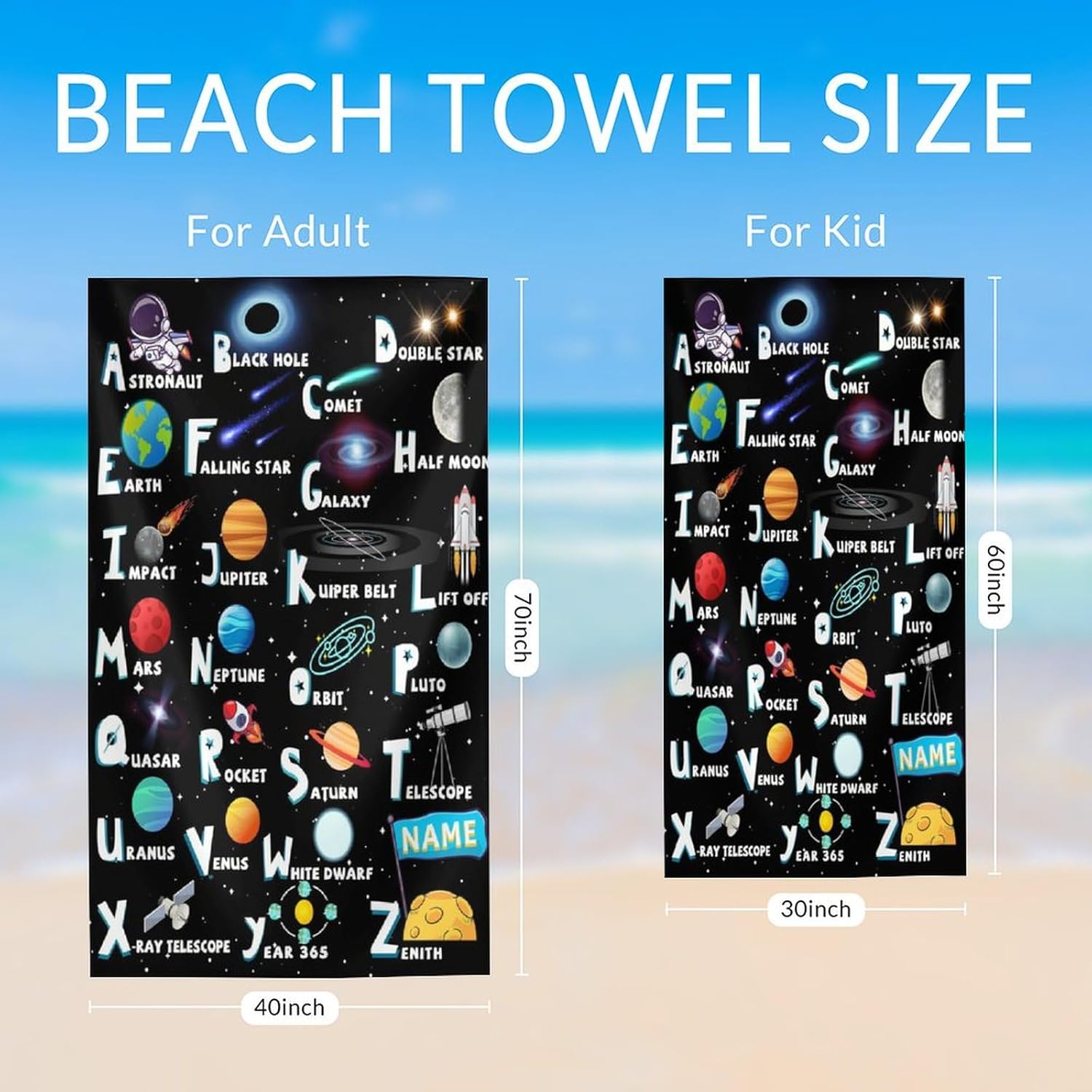 Planet Beach Towel Kids Adults Boys Men, Custom Beach & Bath Towels with Name for Pool Gym Seaside Bathroom, Personalized 40x70 Inches Microfiber Soft Quick Dry Towel for Swimming Camping