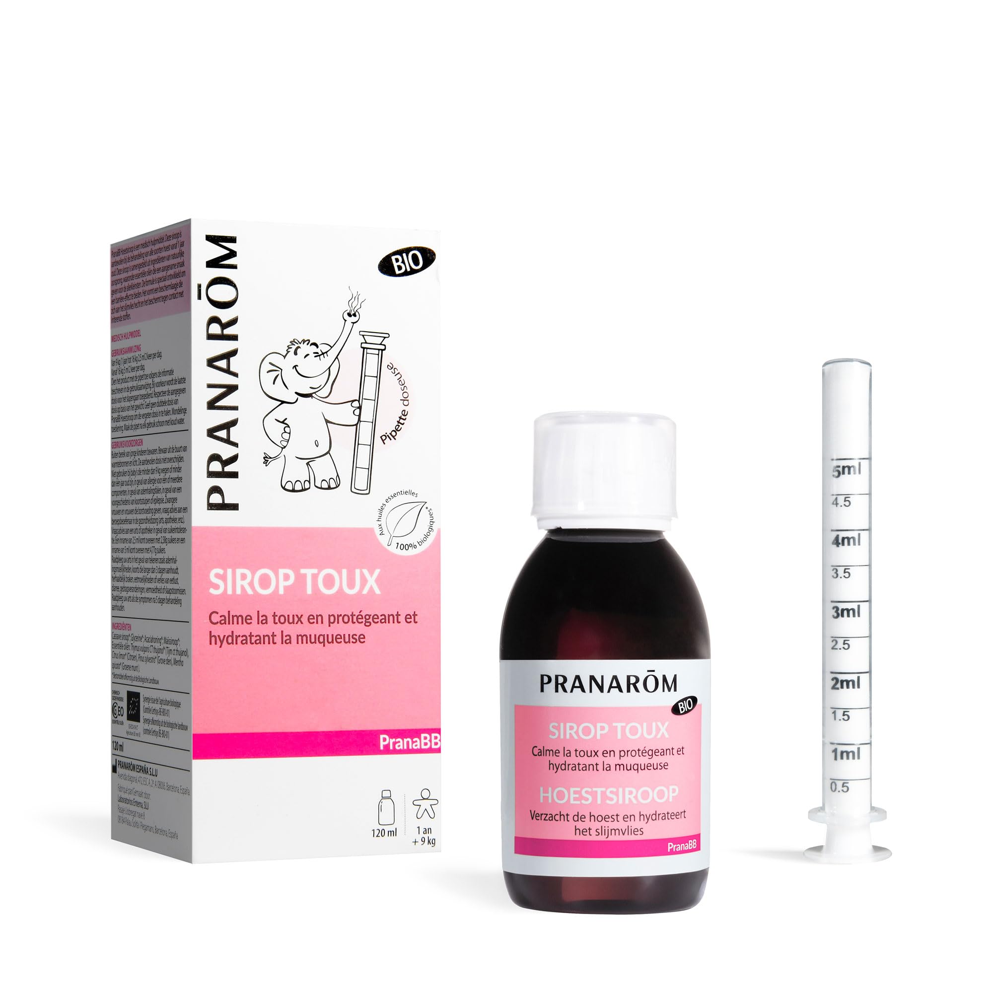 Pranarôm PranaBB Sirop Toux Bio, Calme la toux en protégeant et hydratant la muqueuse, 120 ml