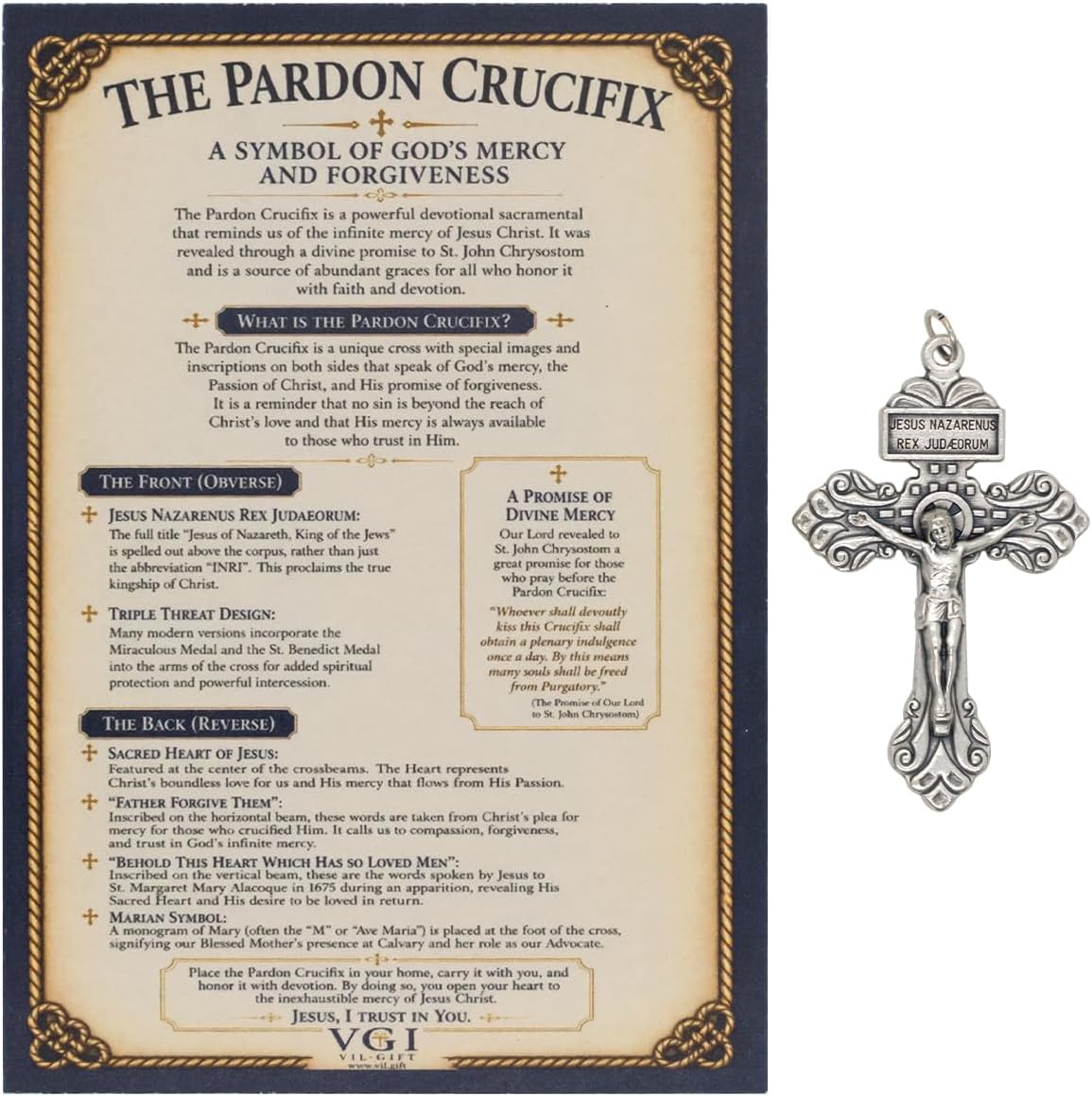 Pardon Crucifix with Prayer Card | Catholic Pendant for Necklace or Rosary | Symbol of God's Mercy and Forgiveness | Devotional Religious Gift | 2.25 Inch Cross
