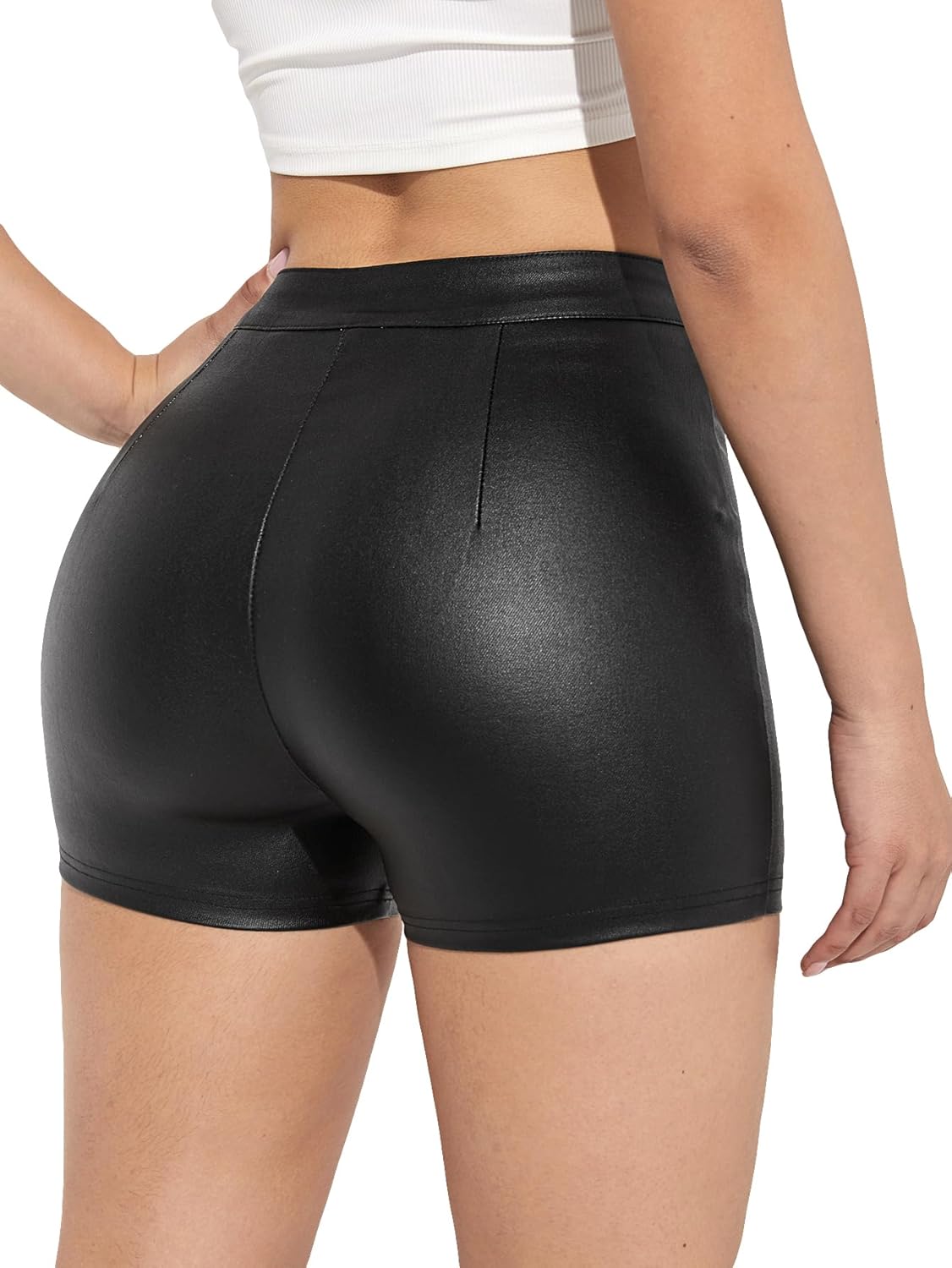 SweatyRocks Women's Faux Leather High Waist Straight Leg Skinny Shorts Stretchy Denim Shorts - Image 2