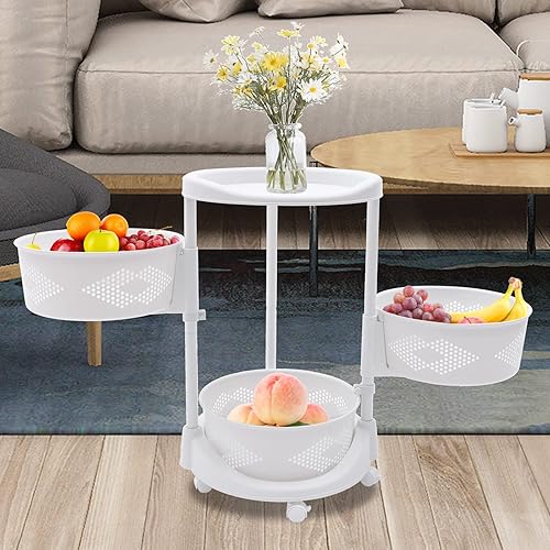 Miniatura 2 de DYRABREST Estante de almacenamiento de cocina blanco, organizador de verduras giratorio de 3 niveles con ruedas bloqueables, estante de