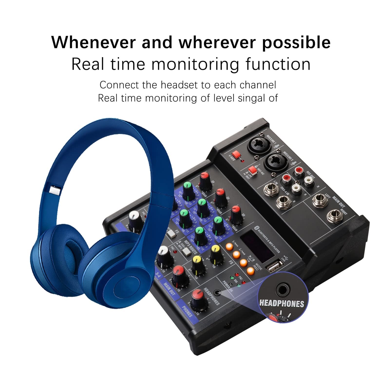 Kontroler miksera DJ 4 -kanałowa konsola miksera audio z bezprzewodowym mikrofonem mini DJ Mikser Bluetooth z 48V Phantom Power R20 do streamingu/podcastów/gier, telefonu, komputera