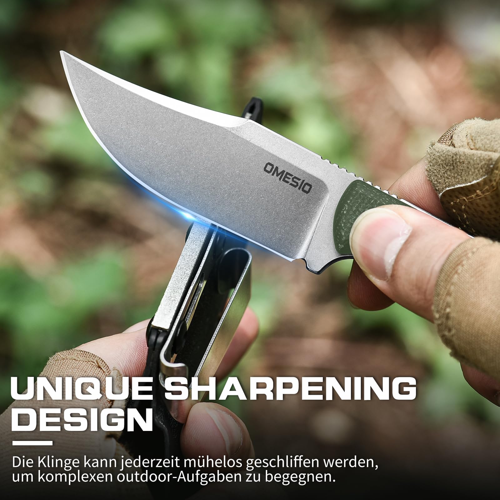 Omesio Couteau EDC D2 7,8 cm Manche Micarta avec Étui Kydex | Livré avec pierre à aiguiser et corde en nylon, idéal pour camping, randonnée et activités de plein air.