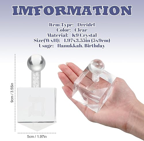 Miniatura 2 de Hiboom 2 piezas de pisapapeles Dreidel de cristal transparente con letras hebreas, figuras de vidrio coleccionables, pisapapeles de vidrio