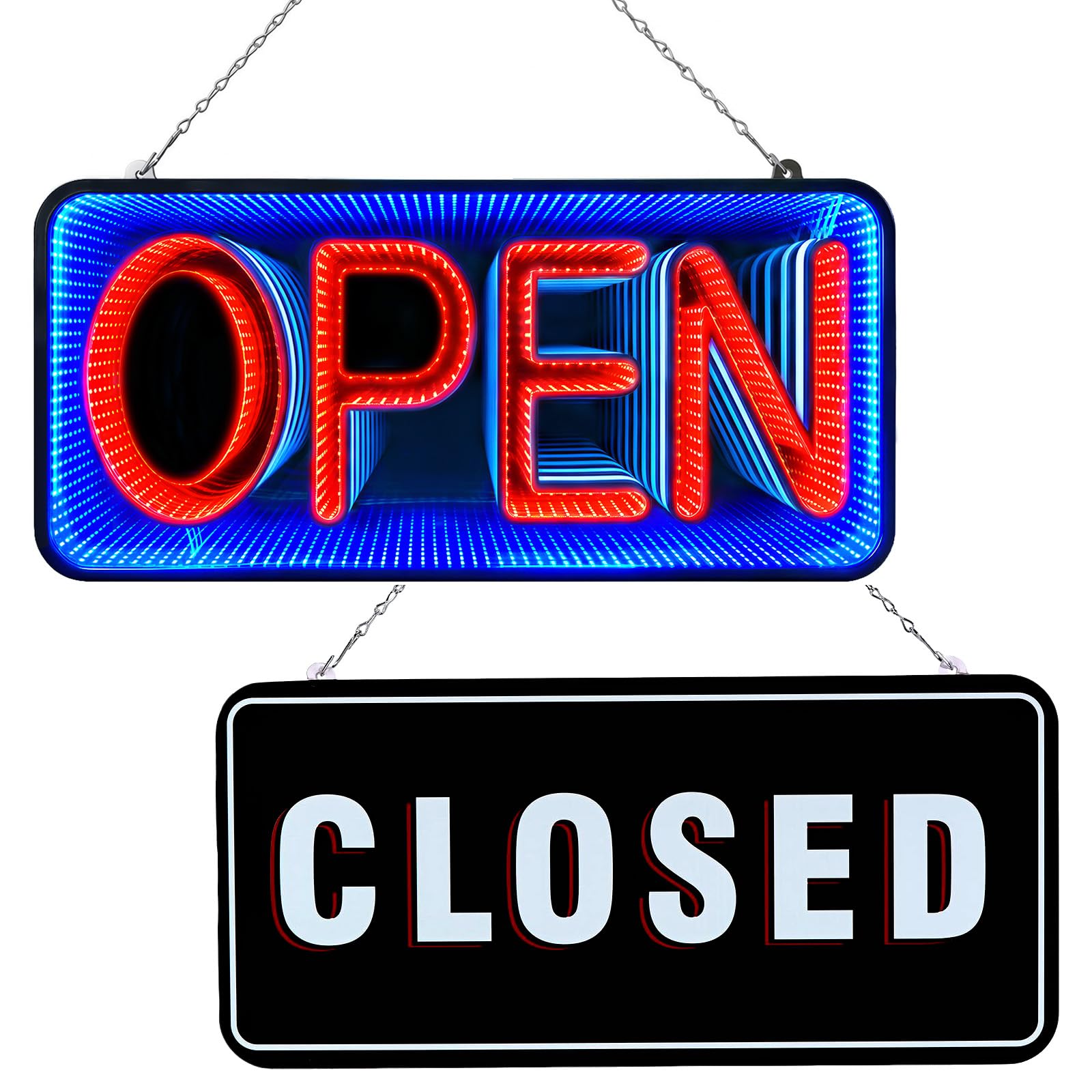 FITNATE Open & Closed Neon Signs, 54x25cm, Double-Sided Infinity Mirror LED Light Sign for Business, 10 Lighting Modes, Plug-in 12V/2A Safe Power Supply, Hanging Chain Included