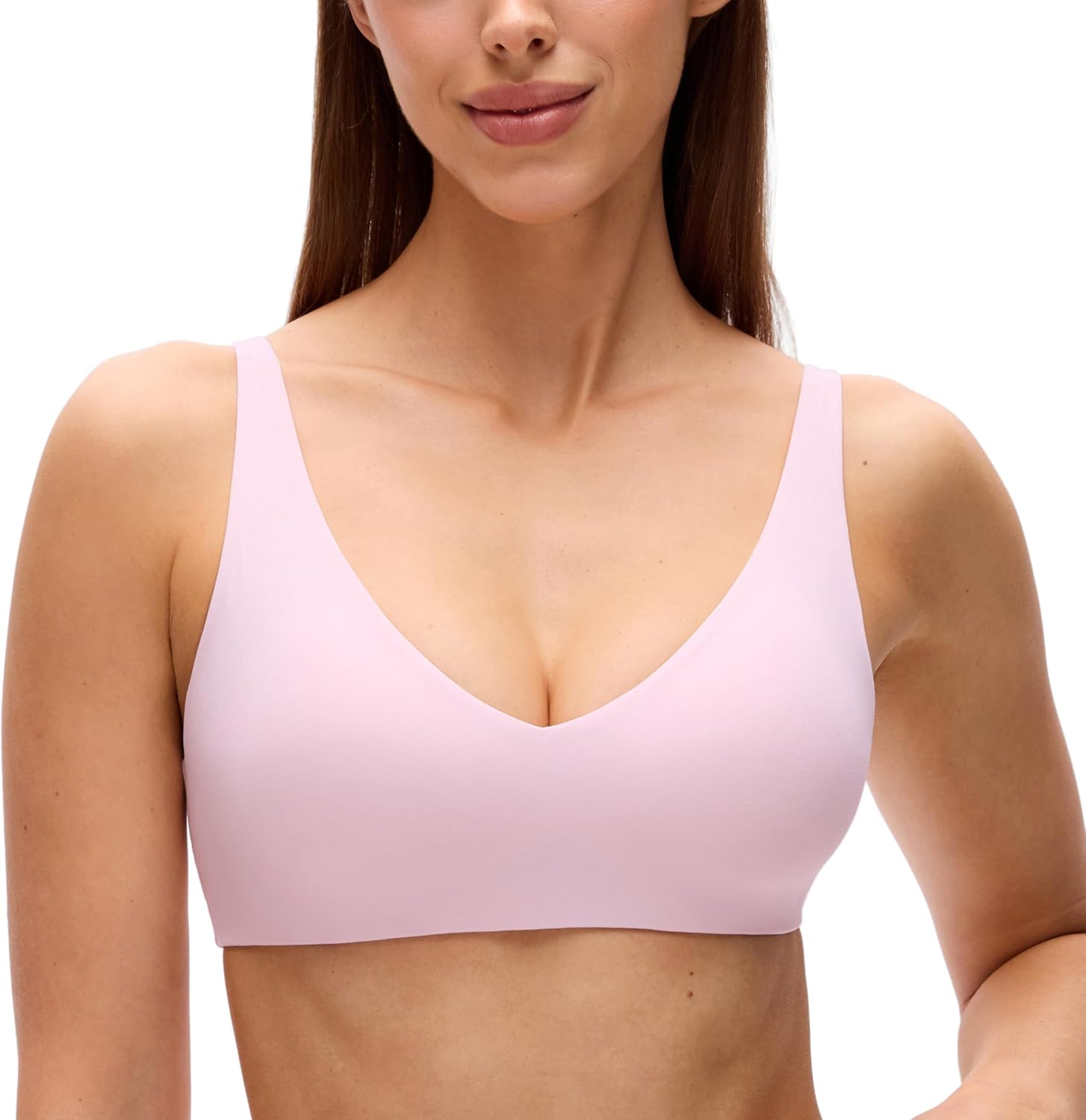 CRZ YOGA Softhold Double Lined Deep V Bralette - Womens Adjustable Straps Wireless Plunge T-Shirt Everyday Bra Comfy Smooth