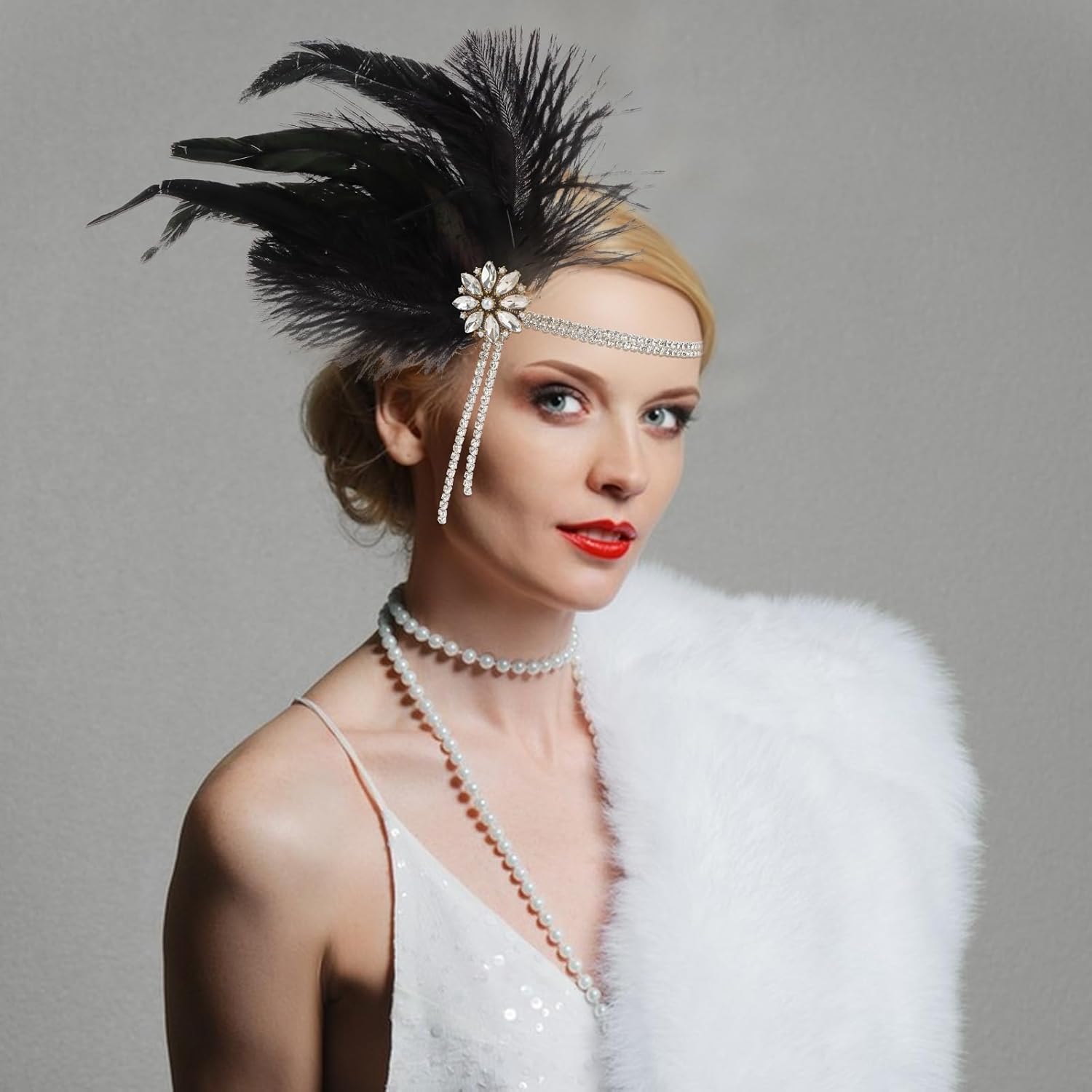 CURASA 1920s Flapper Headpiece Headband Great Gatsby Feather Hairband For Women Rhinestone Hair Accessoreis Showgirl Dresses Vintage Tassel Costume Outfits Roaring 20's Black Elastic Head Chain Party - Image 5