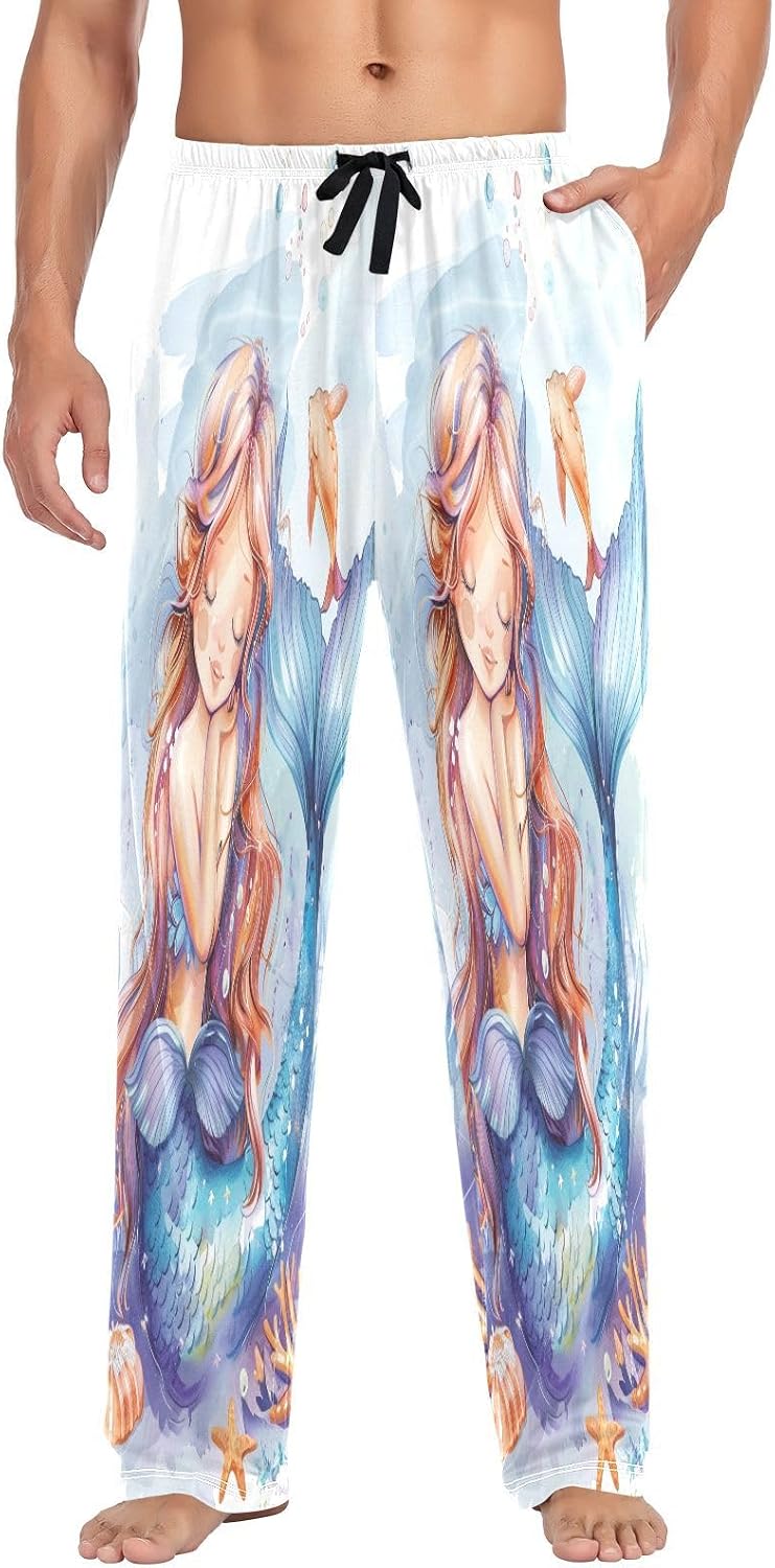 ALAZA Cartoon Mermaid Watercolor Men's Pajama Pants Men Cotton Pajama Bottoms with Pockets, S