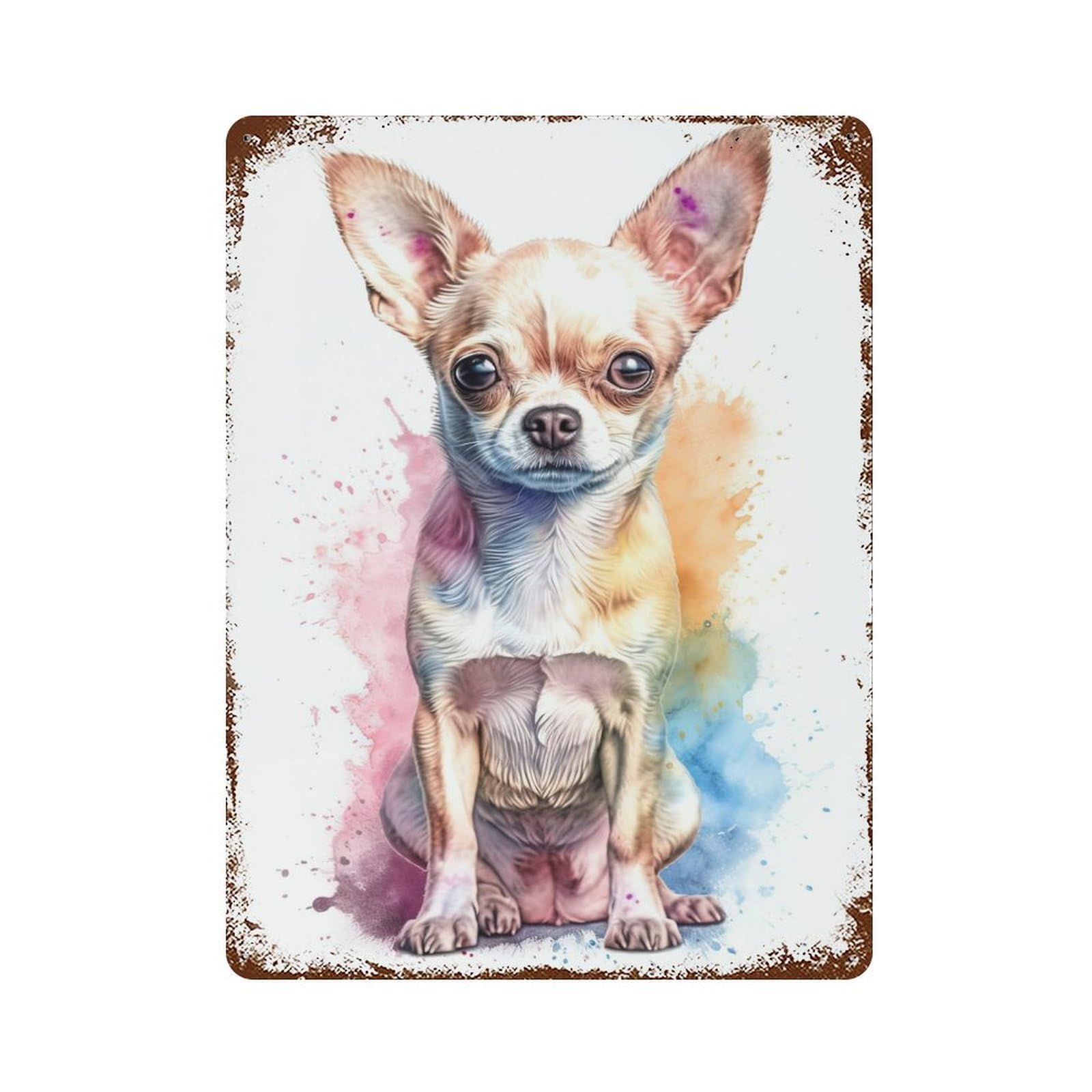 Watercolor Baby Chihuahua Aged Metal Wall Plaque 15.7"x11.8", Industrial Home Decor for Pub, Kitchen And Man Cave Decor