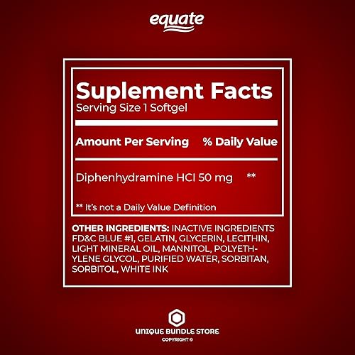 Miniatura 5 de Unique Bundle Store Equate, difenhidramina 50 mg, cápsulas blandas de 100 cápsulas blandas de máxima resistencia para el sueño de difenhidramina HCl