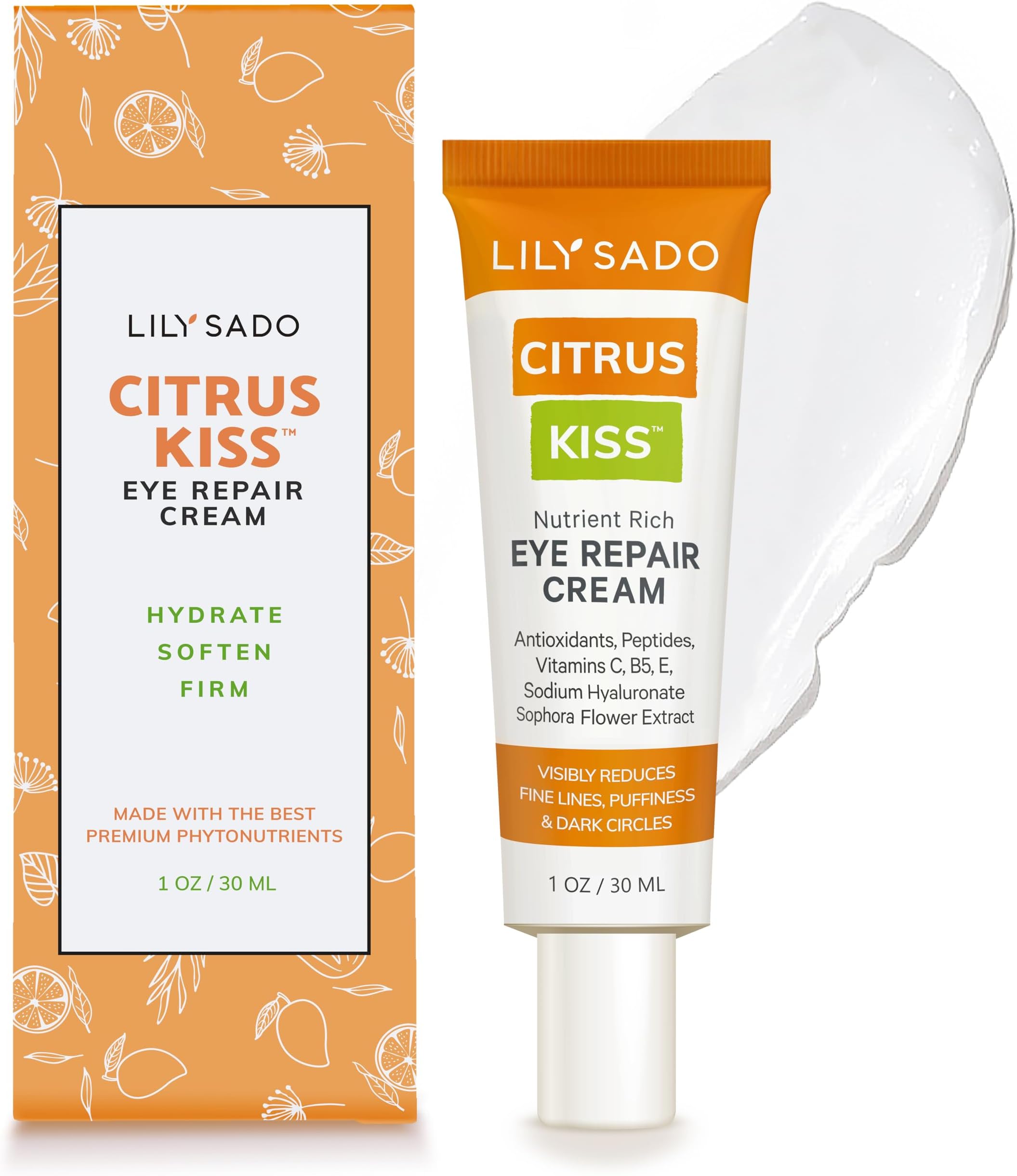 LILY SADO CITRUS KISS™ Eye Repair Cream - Antioxidant-Rich Natural Formula w/Peptides, Sodium Hyaluronate, and VITS C, B5 & E - Prevents Puffiness, Under-eye Wrinkles, Discoloration & Eye Bags - 1oz