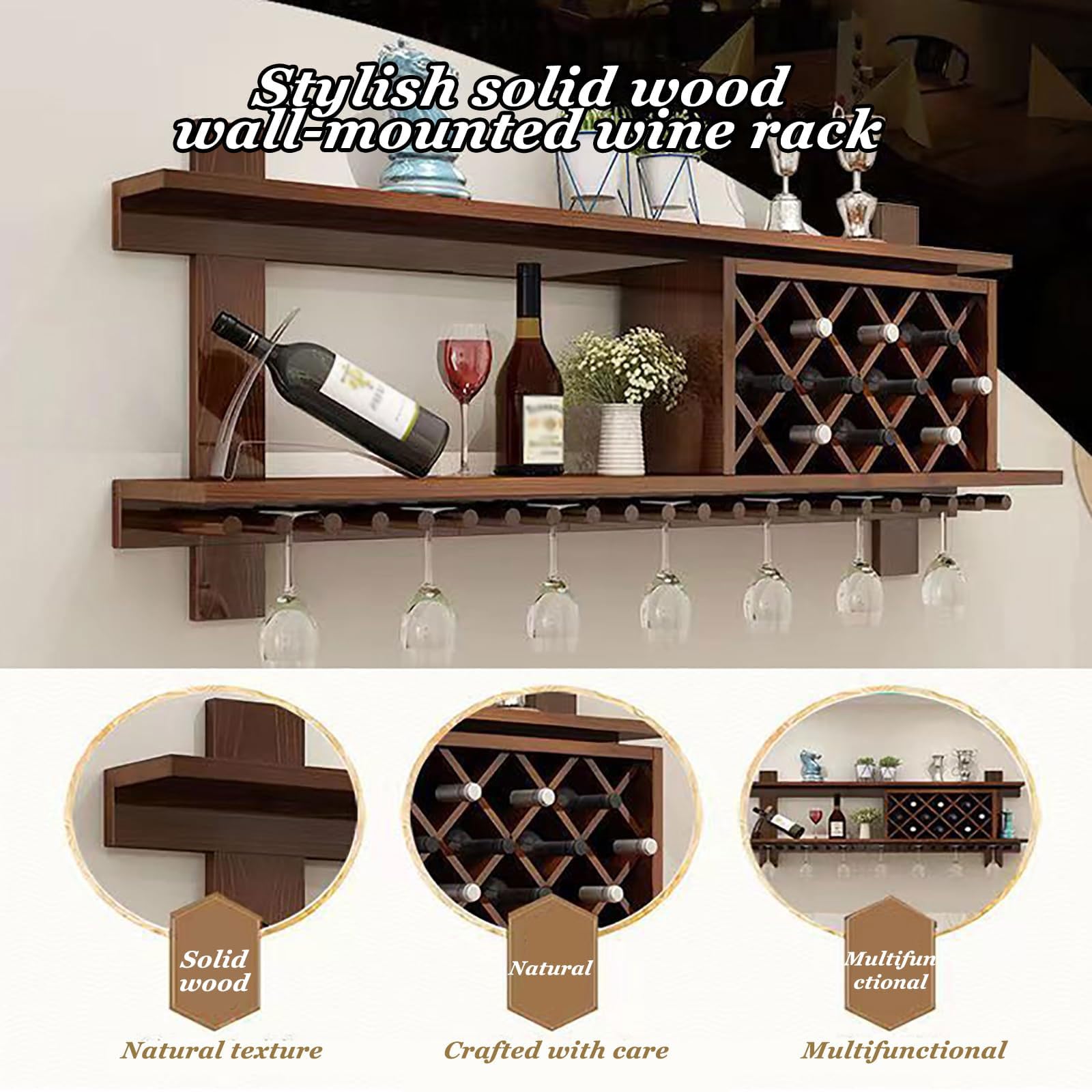Estante de Pared para Botellas de Vino con Capacidad para 4-10 Botellas y Soportes para Copas, Estante de 80-140 cm para Accesorios de Bar, Estante Expositor para Bebidas y Vino para el hogar