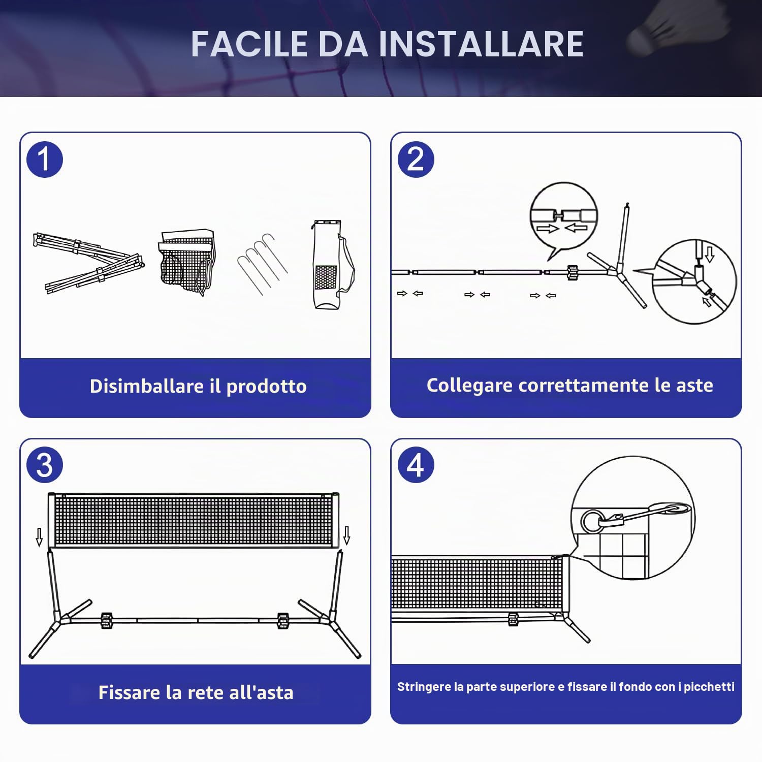 BAGAIL rete sportiva con set per pickleball e badminton, 3m / 4,2m / 5,2m | sistema a rete regolabile in altezza, borsa da trasporto portatile, senza attrezzi, per pallavolo, pickleball e tennis