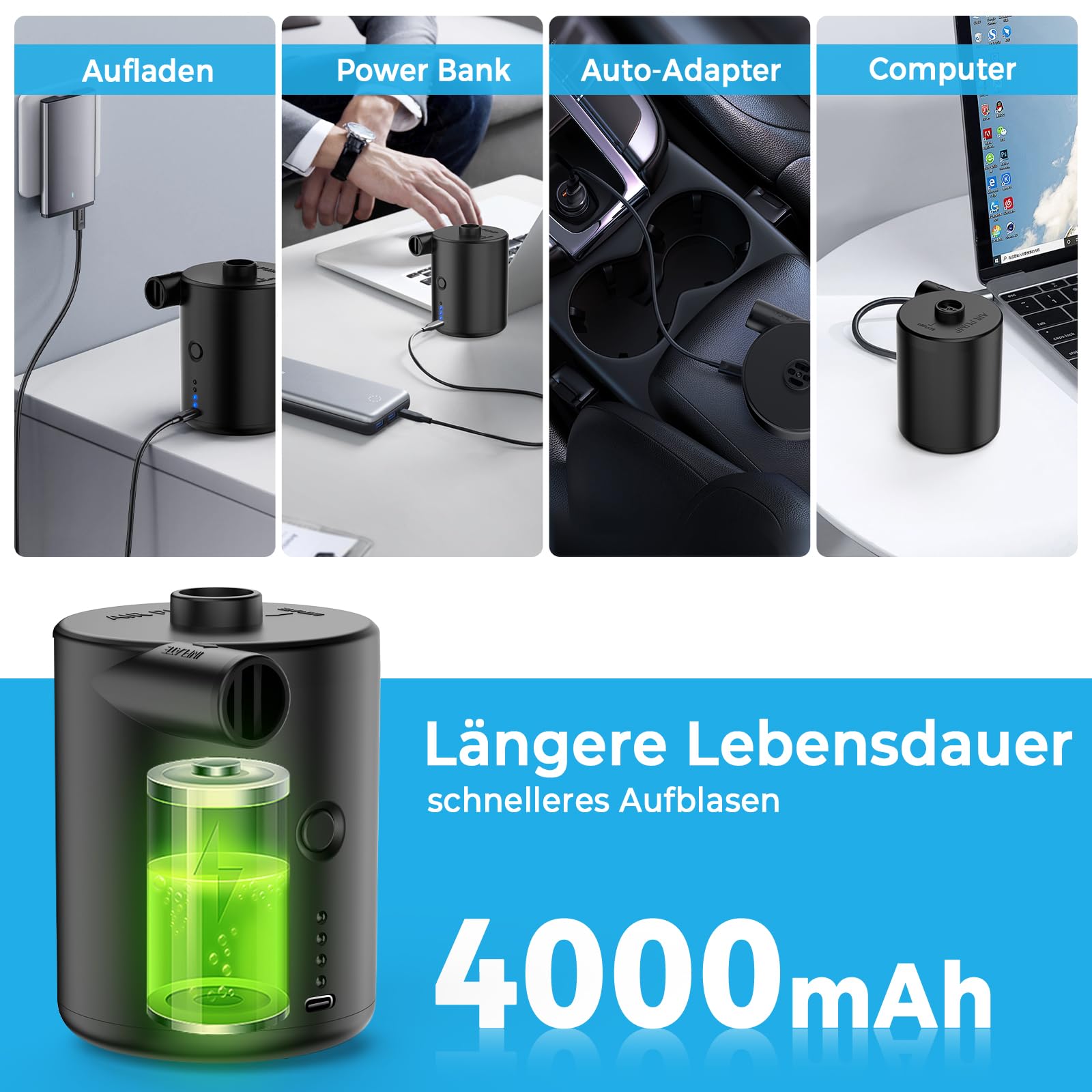BOSONER Elektrische Luftpumpe mit Akku: 4000 mAh, wiederaufladbare Luftpumpe mit 3 Luftdüsen – schnelles Aufblasen für Schlauchboot, Kinderbecken, aufblasbare Matratze