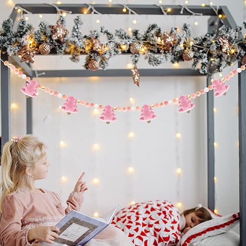 Miniatura 5 de Whaline Guirnalda de fieltro de Navidad 3D rosa para árbol de Navidad con pompones, guirnalda decorativa para colgar en el hogar, repisa, chimenea,
