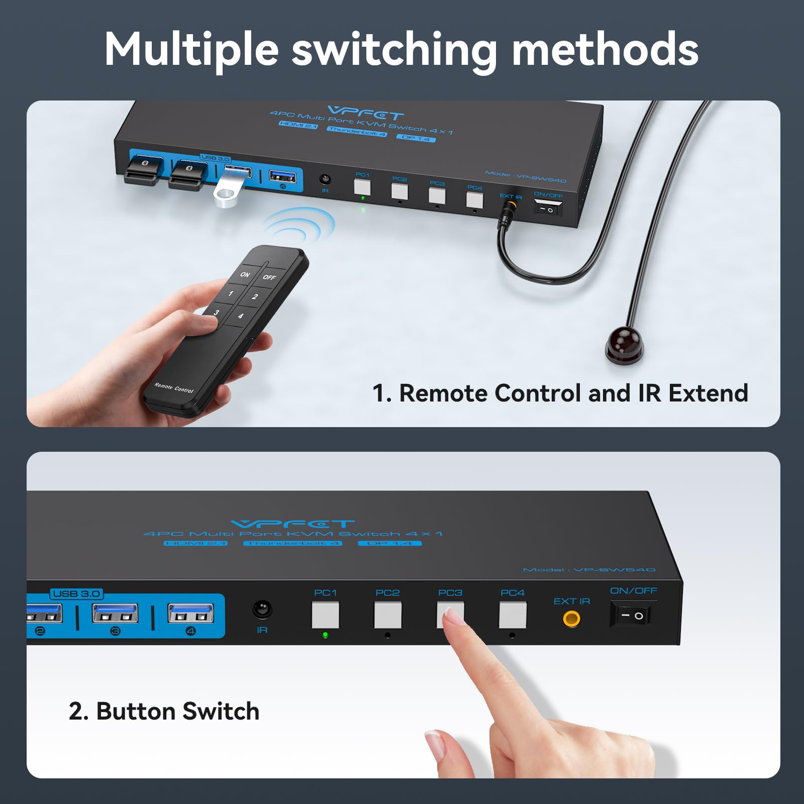 Interruptor KVM AILVLVNG 1 Monitor 4 Computadoras 4K144Hz Interruptor KVM de 4 Puertos para 4 PC Compartir un Solo Monitor y 4 Dispositivos USB 3.0, como Teclado, Ratón, Impresora, con Controlador