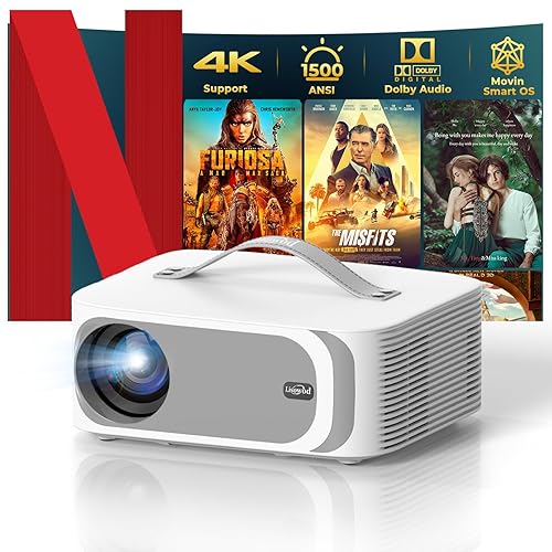 [AI Movin 2.0 System/1500 ANSI/Auto Focus] Outdoor-Projector with WiFi and Bluetooth, Portable-Projector 30W DoIby Audio APPS Built-in, Lisowod 4K Support Smart Proyector with HDR10+ 2025 Upgraded - Standard - White